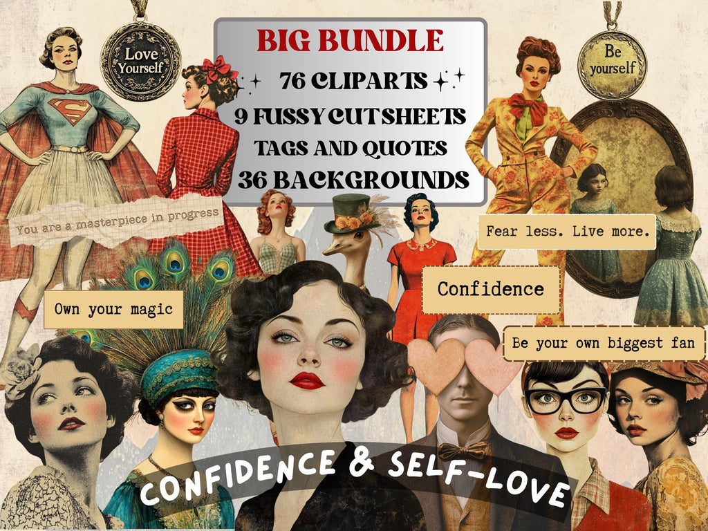 Confidence & Self-Love Collage Elements, Whimsical Ephemera Fussy Cut, Inspirational Tags and Quotes, Feelings Scrapbook, Surreal Background