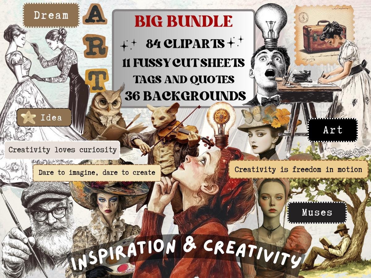 Inspiration & Creativity Collage Pack, Whimsical Ephemera Fussy Cut, Inspirational Tags and Quotes, Feelings Scrapbook, Surreal Background