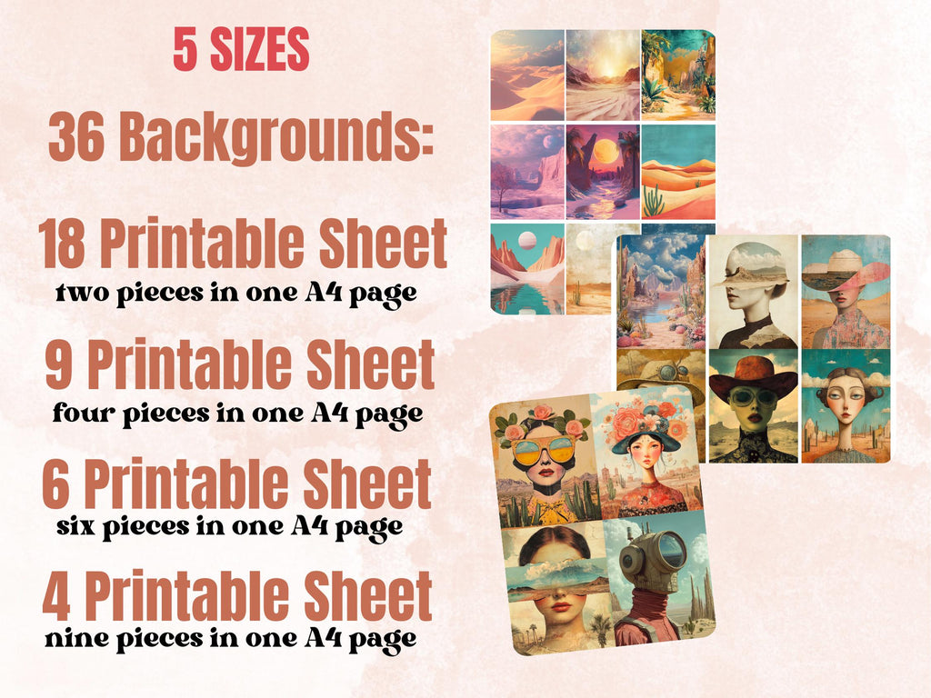 Desert Mirage Collage Paper, Whimsy Surreal Desert Mixed Media Art Sheet, Whimsical Ephemera Images, Pastel Junk Journal, Scrapbook Paper