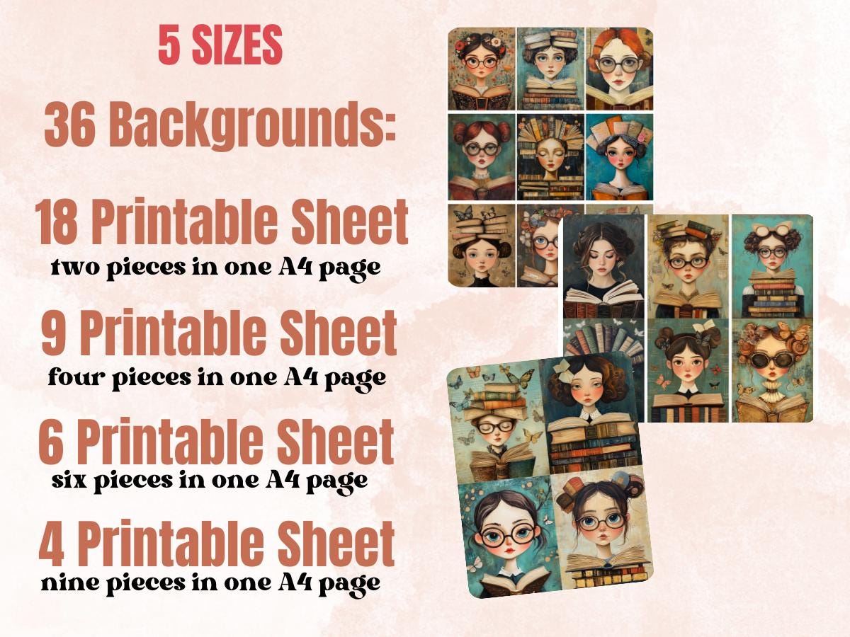 Bookworm Muse Collage Paper, Whimsy Surreal Mixed Media Art Sheet, Whimsical Reading Ephemera Images, Book Lover Journal, Scrapbook Paper