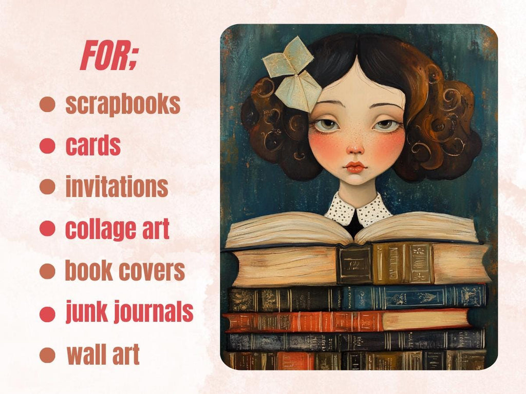 Bookworm Muse Collage Paper, Whimsy Surreal Mixed Media Art Sheet, Whimsical Reading Ephemera Images, Book Lover Journal, Scrapbook Paper