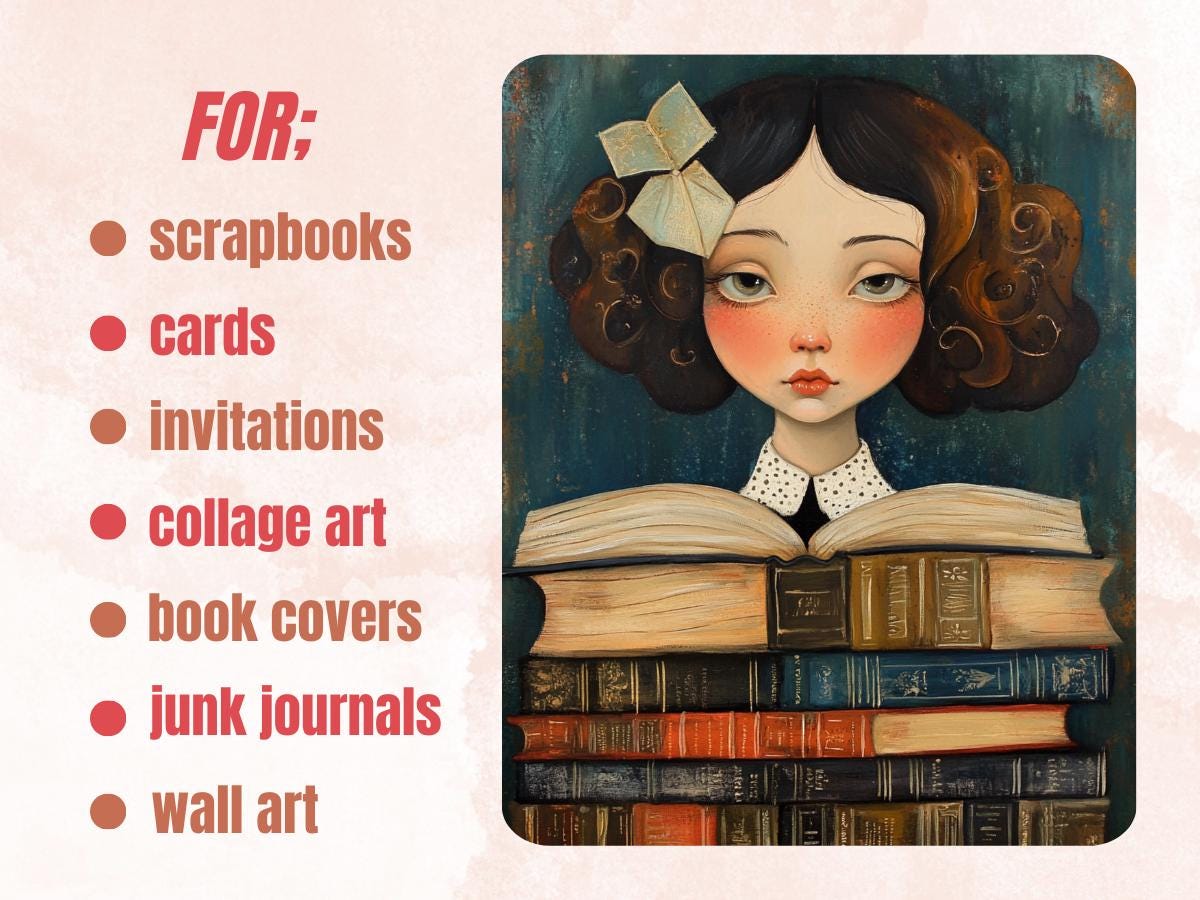 Bookworm Muse Collage Paper, Whimsy Surreal Mixed Media Art Sheet, Whimsical Reading Ephemera Images, Book Lover Journal, Scrapbook Paper