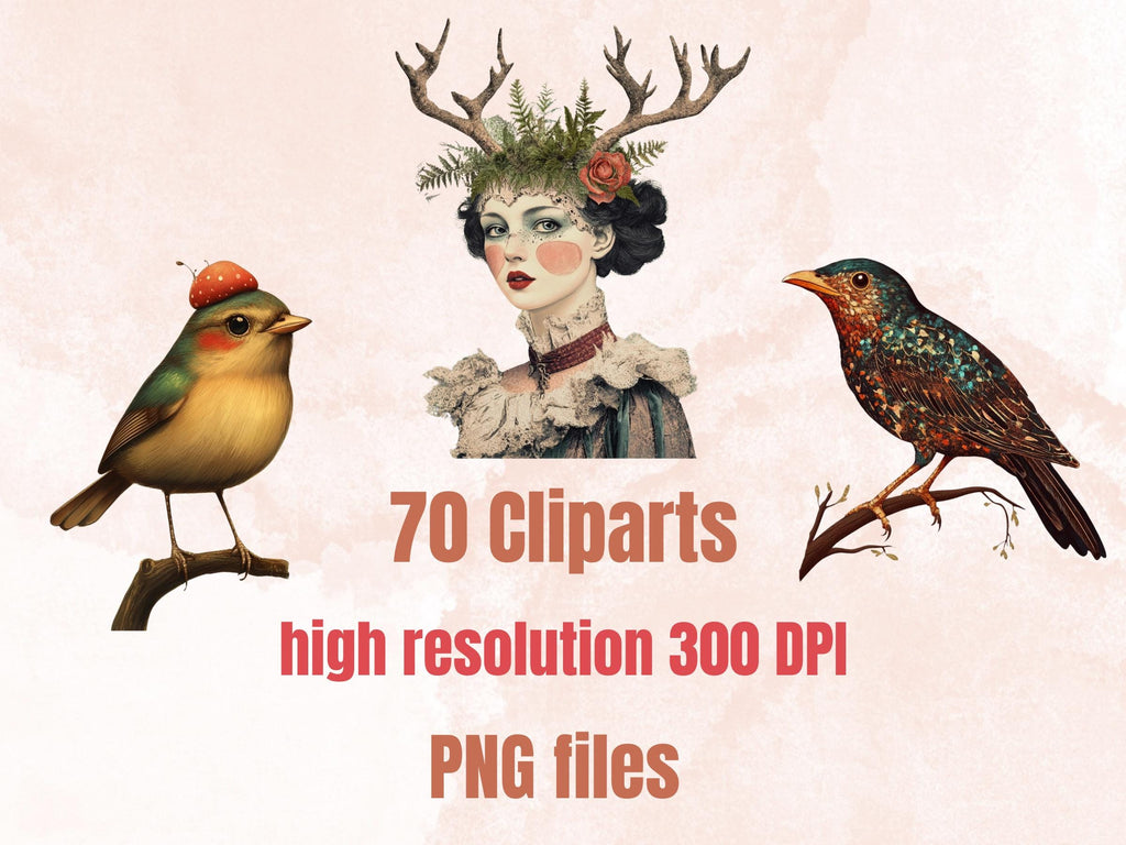 Enchanted Forest Collage Elements, Whimsical Surreal Woodland Fussy Cut, Quirky Weird Clipart, Green Junk Journal, Whimsy Clipart Background