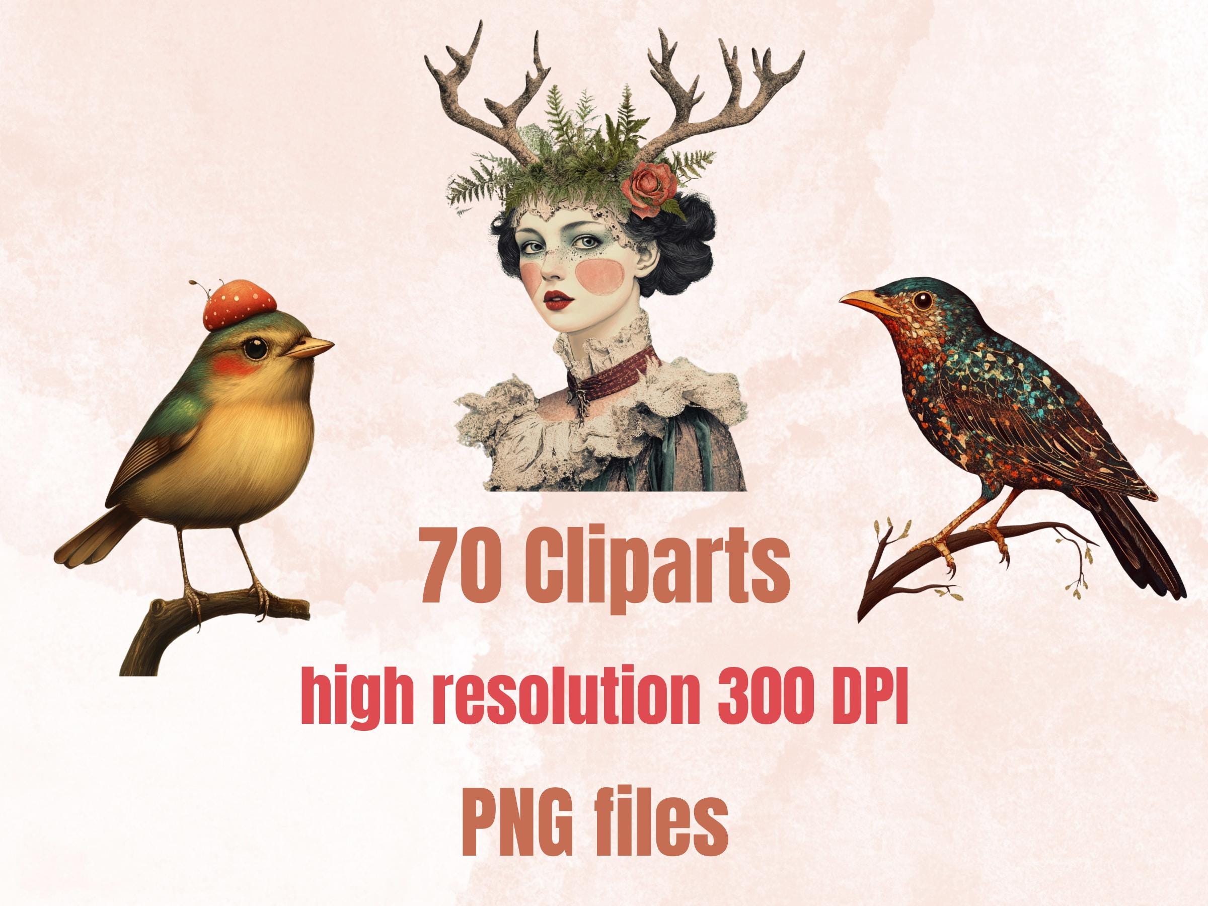 Enchanted Forest Collage Elements, Whimsical Surreal Woodland Fussy Cut, Quirky Weird Clipart, Green Junk Journal, Whimsy Clipart Background