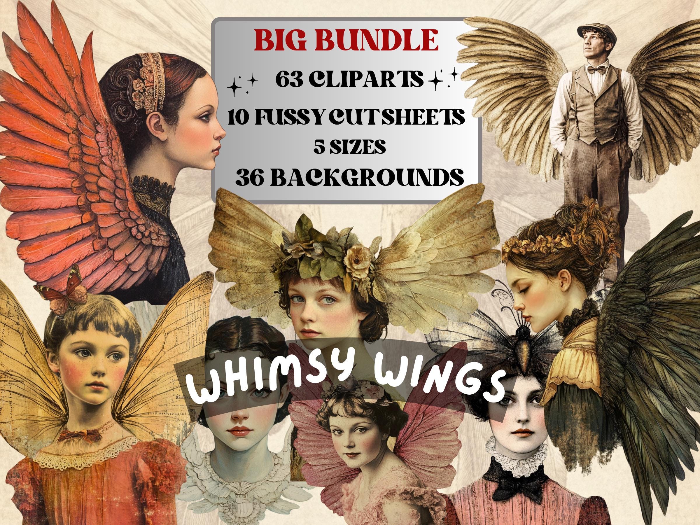 Whimsy Wings Collage Elements, Whimsical Surreal Birds Fussy Cut, Quirky Weird Clipart, Fairy Junk Journal, Wings Clipart Background