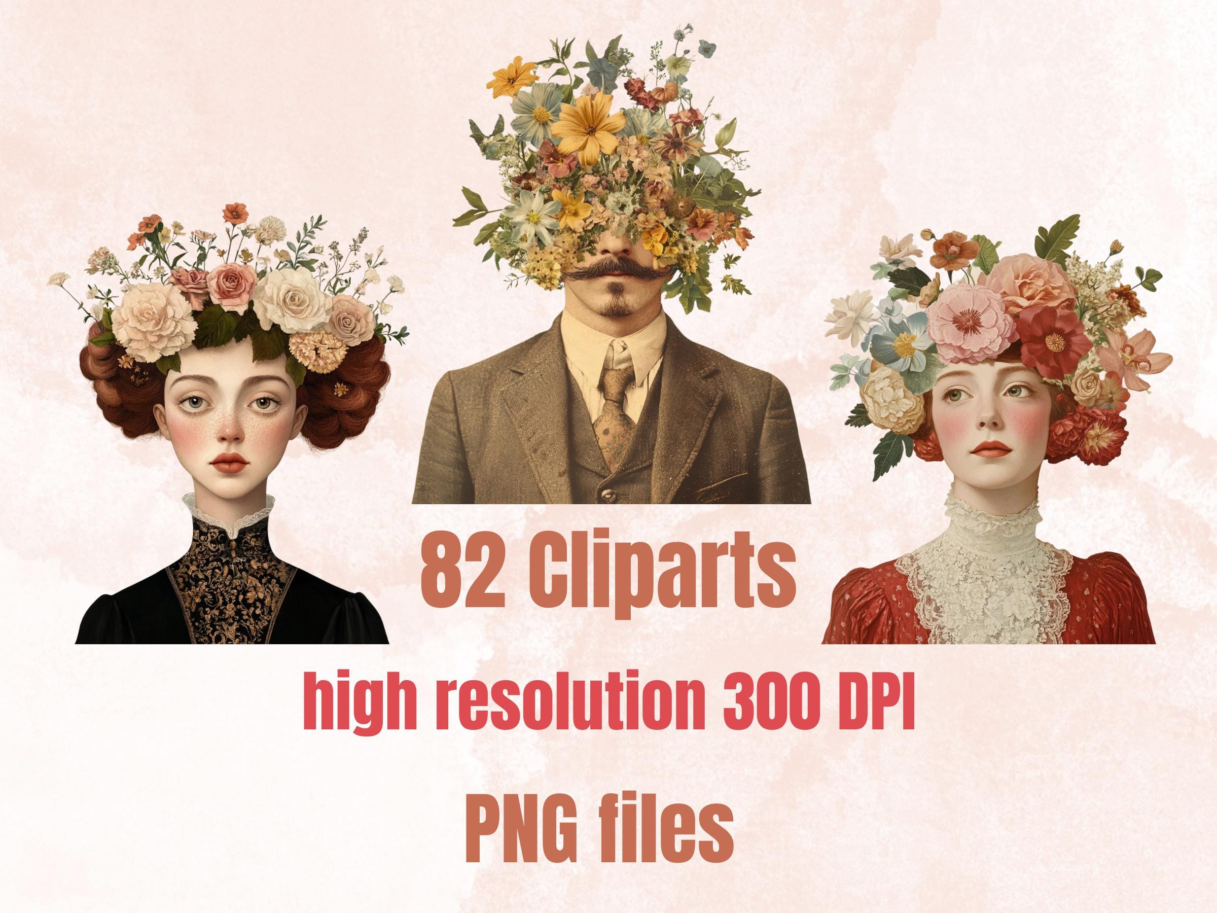 Whimsy Blooming Collage Elements, Whimsical Floral Woman Fussy Cut, Quirky Flower Clipart, Spring Junk Journal, Surreal Clipart Background