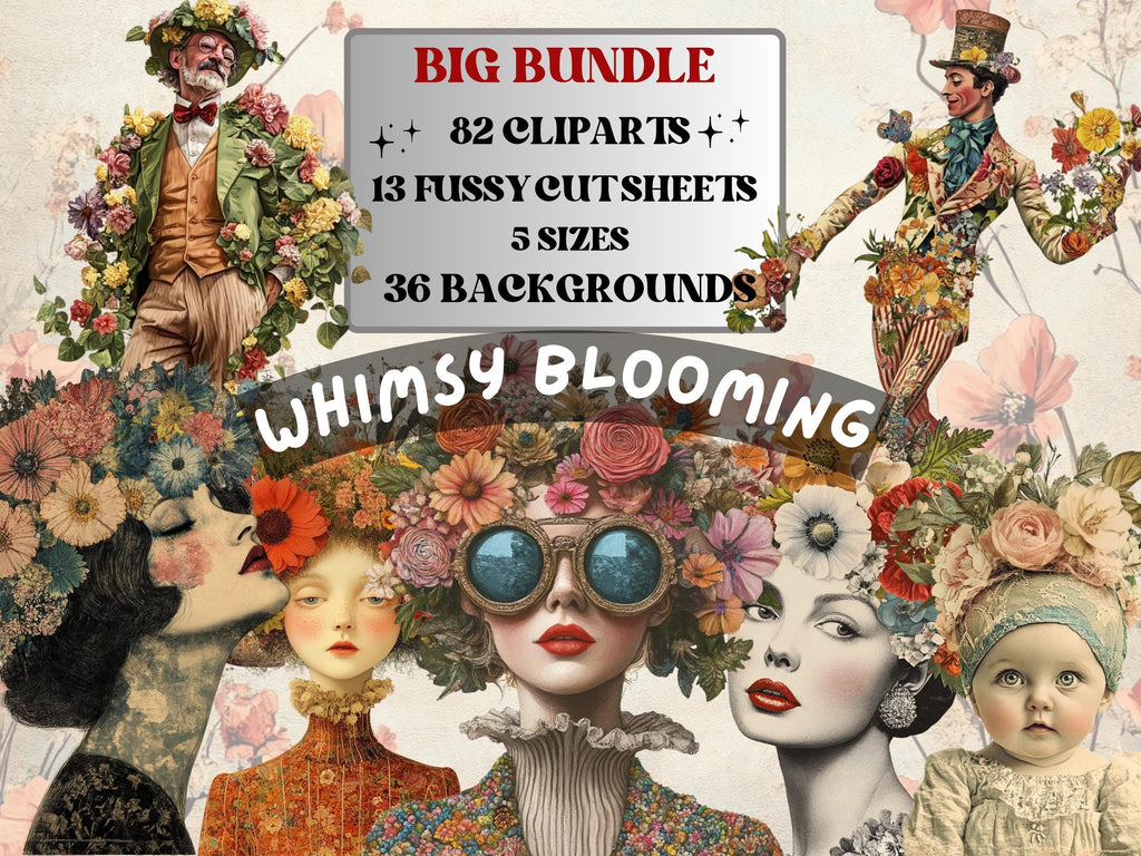 Whimsy Blooming Collage Elements, Whimsical Floral Woman Fussy Cut, Quirky Flower Clipart, Spring Junk Journal, Surreal Clipart Background