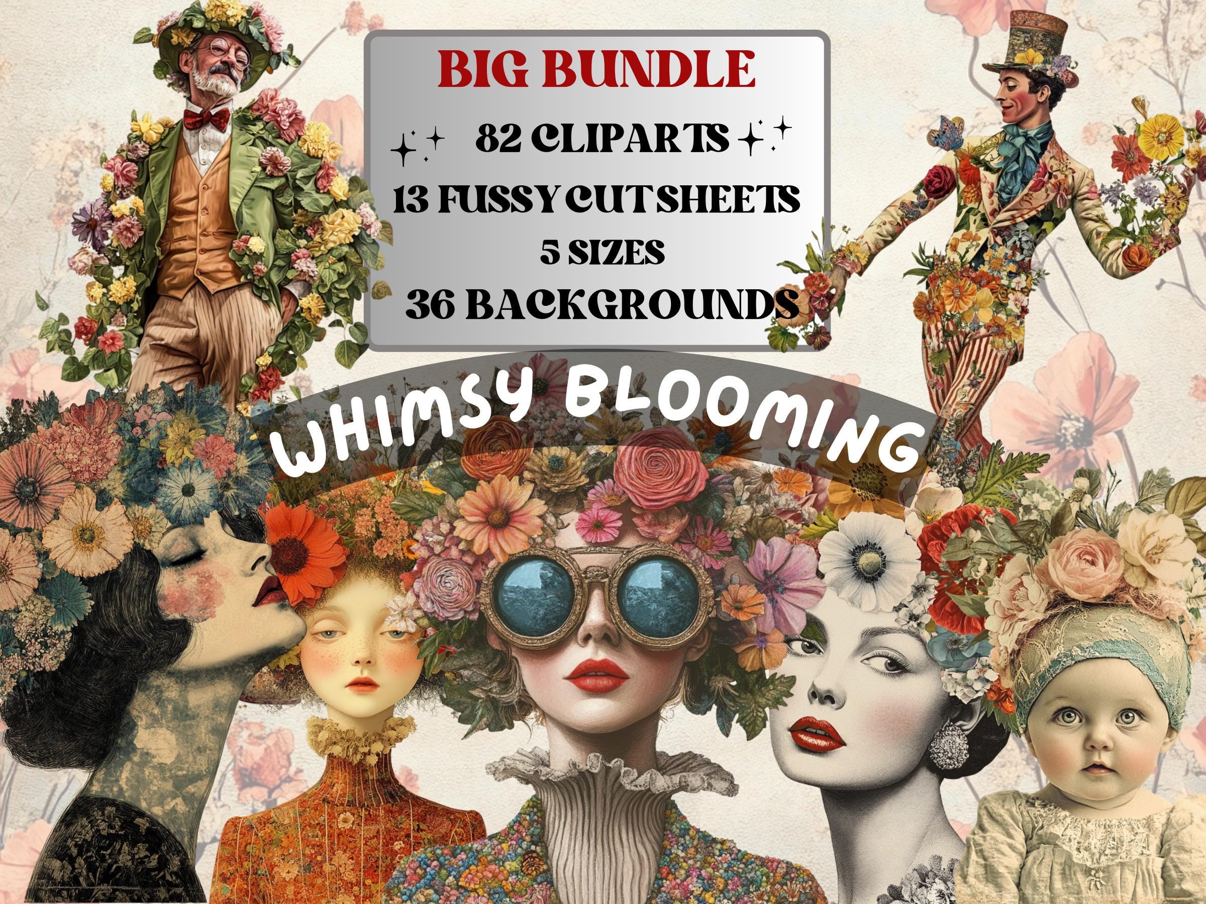 Whimsy Blooming Collage Elements, Whimsical Floral Woman Fussy Cut, Quirky Flower Clipart, Spring Junk Journal, Surreal Clipart Background