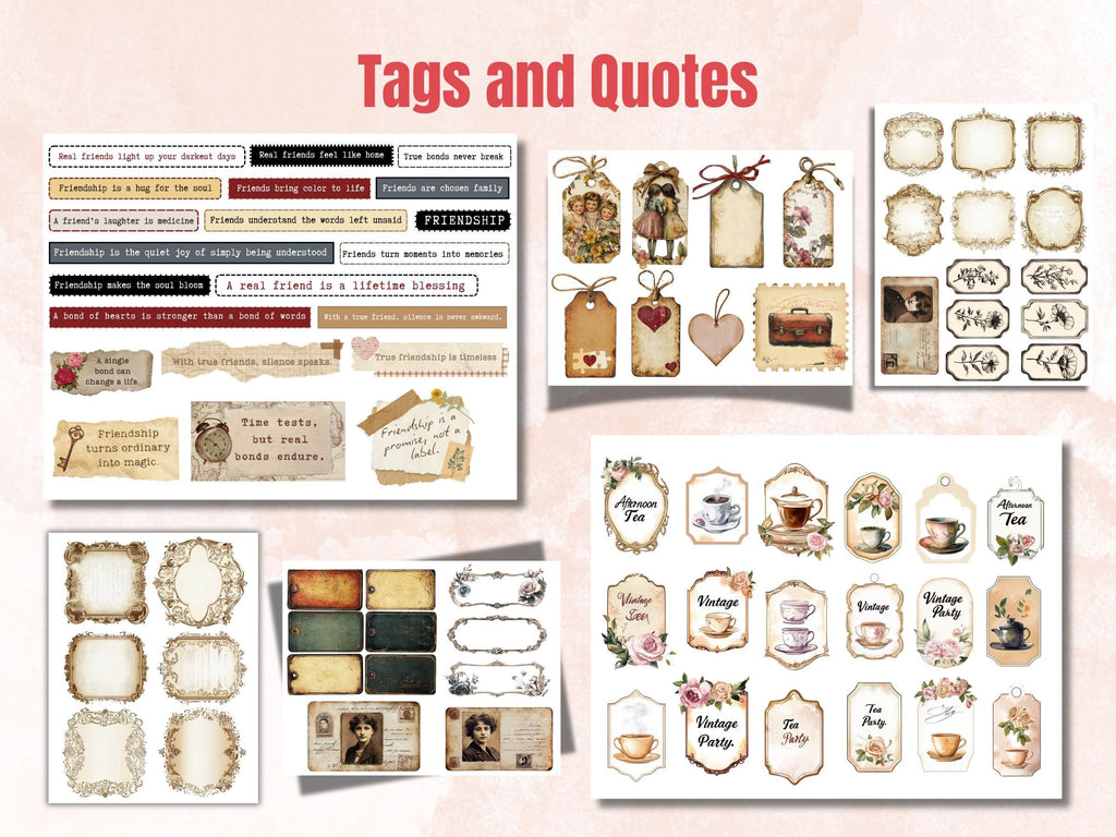 Friendship & Bonds Collage Elements, Whimsical Ephemera Fussy Cut, Inspirational Tags and Quotes, Love Feeling Scrapbook, Surreal Background