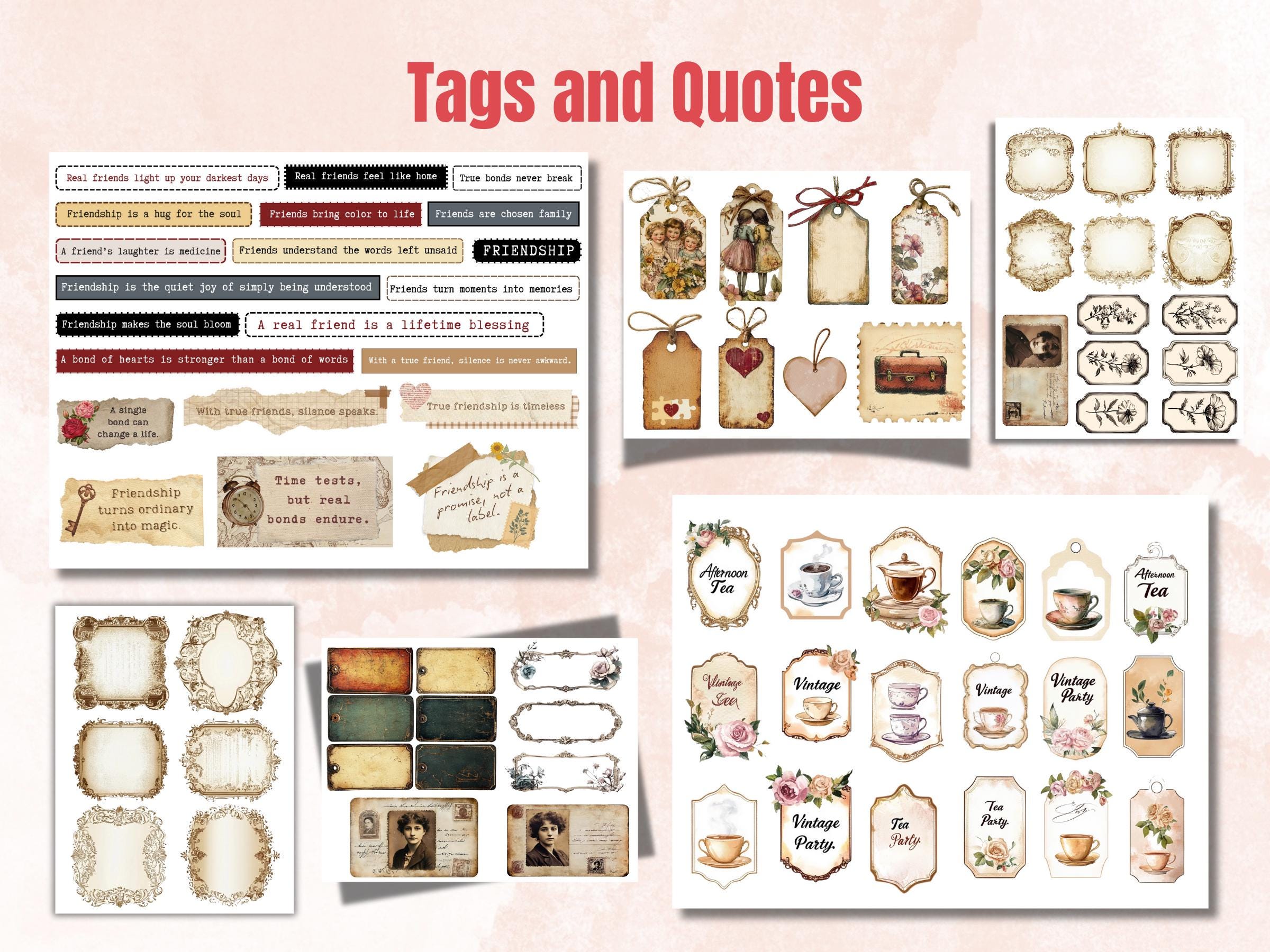 Friendship & Bonds Collage Elements, Whimsical Ephemera Fussy Cut, Inspirational Tags and Quotes, Love Feeling Scrapbook, Surreal Background