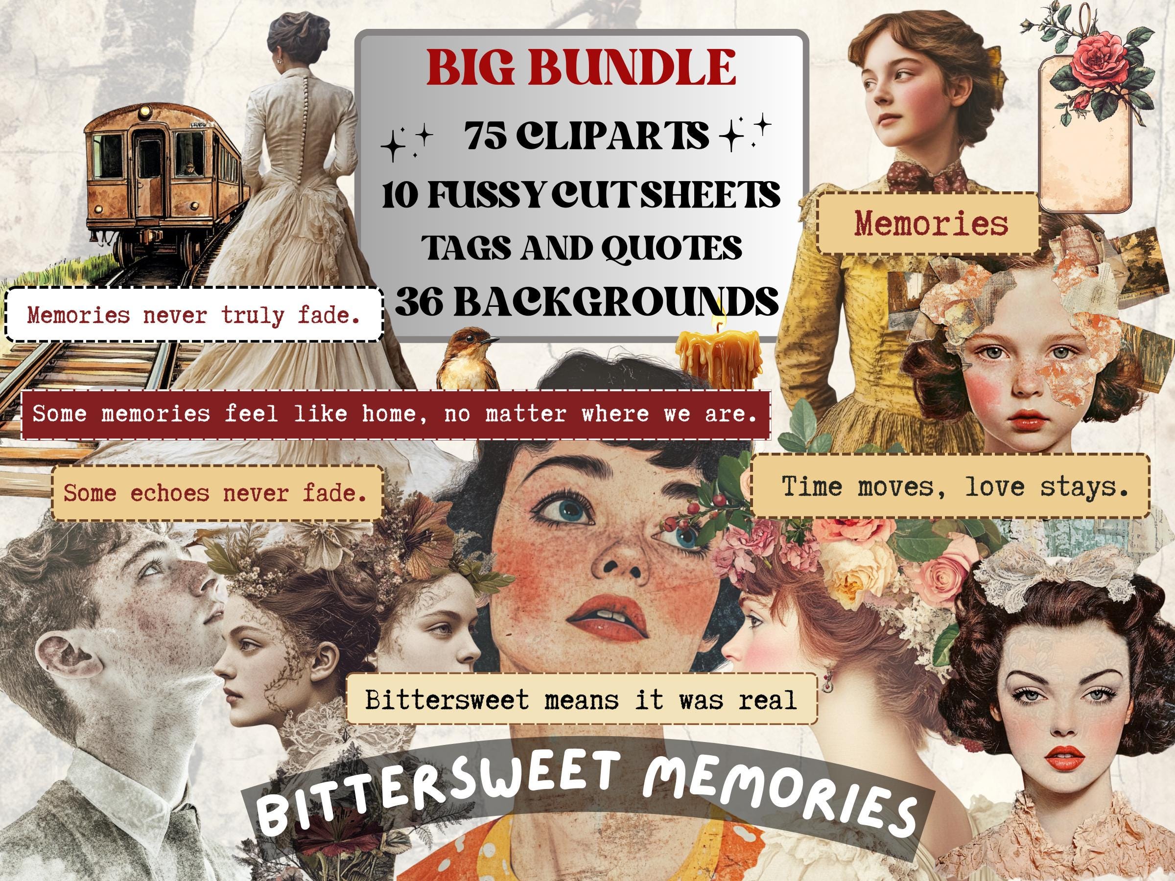 Bittersweet Memories Collage Pack, Whimsical Ephemera Fussy Cut, Inspirational Tags and Quotes, Nostalgia Scrapbook, Surreal Background