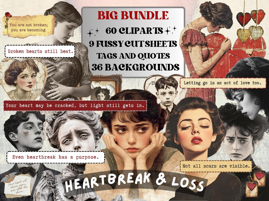 Heartbreak & Loss Collage Pack, Whimsical Ephemera Fussy Cut, Inspirational Tags and Quotes, Feeling Scrapbook, Surreal Journal Background