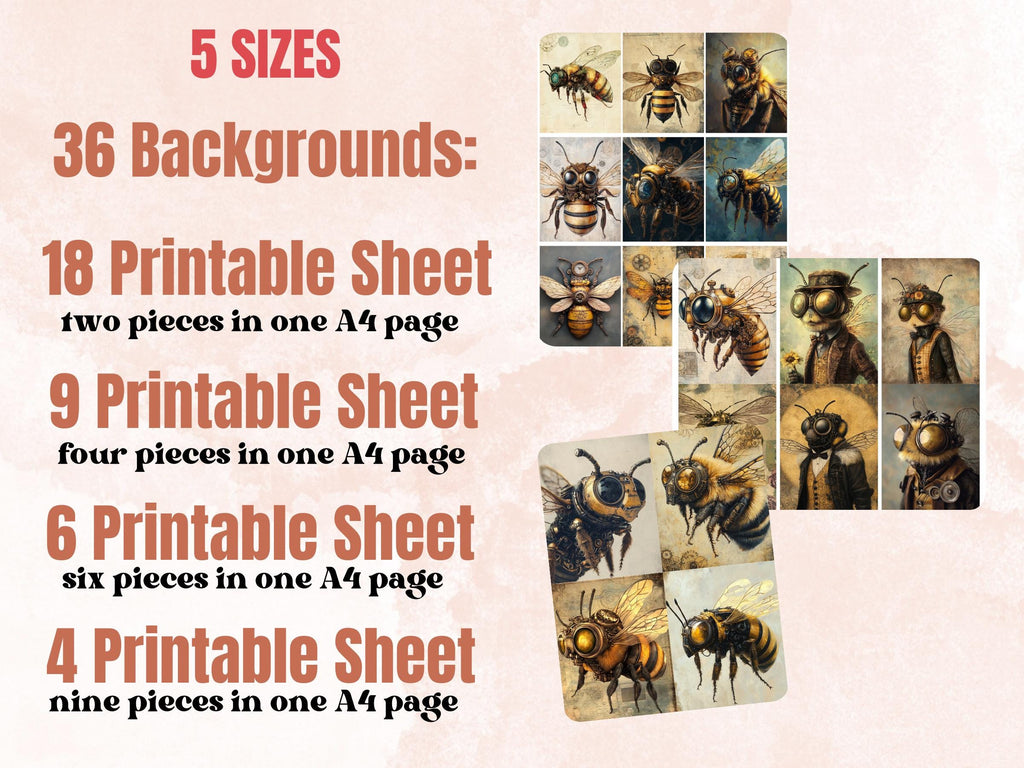 Steampunk Honey Bee Collage Paper, Surreal Steampunk Mixed Media Sheet, Whimsy Bee Ephemera Images, Quirky Journal, Spring Scrapbook Paper