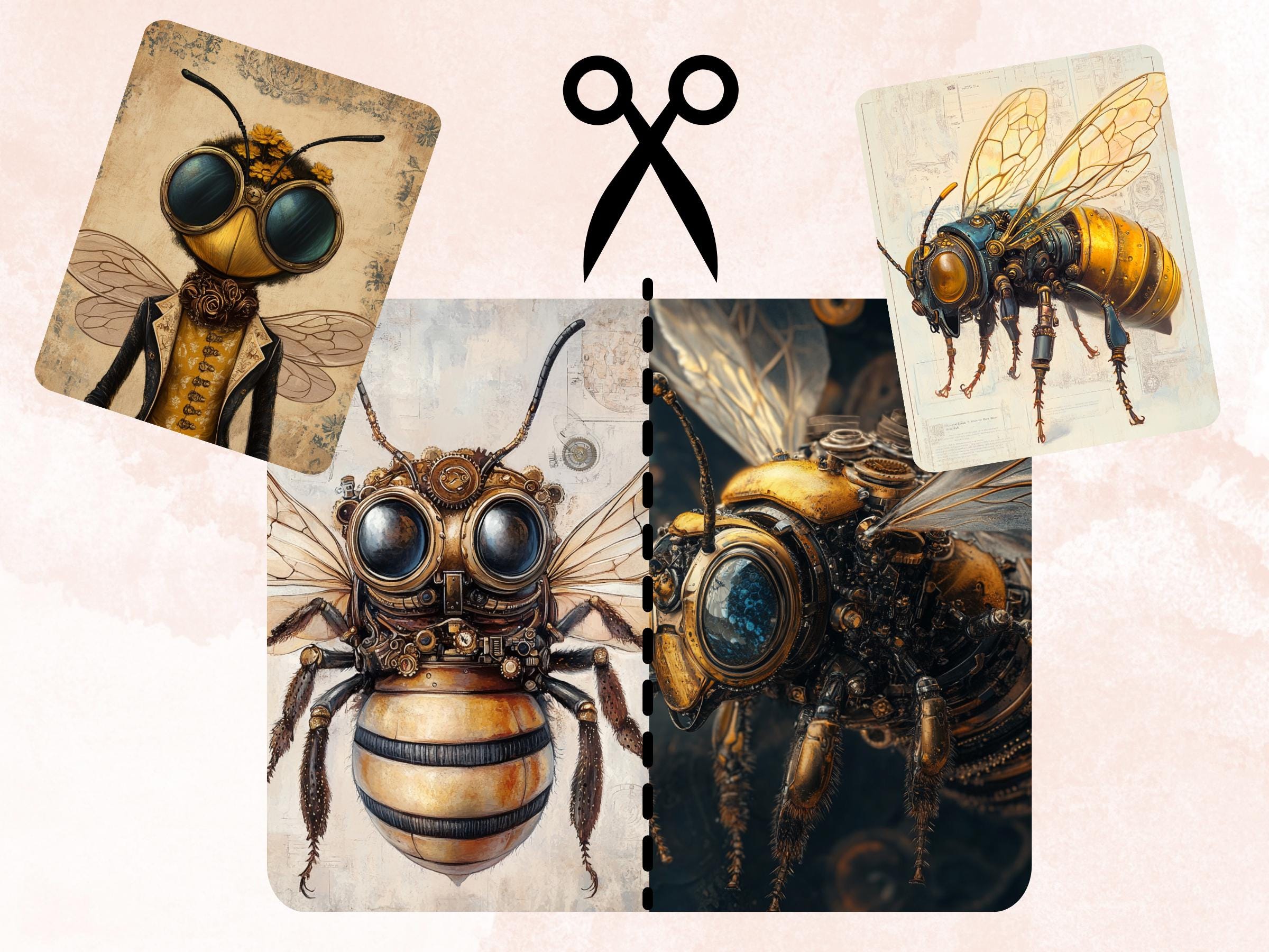 Steampunk Honey Bee Collage Paper, Surreal Steampunk Mixed Media Sheet, Whimsy Bee Ephemera Images, Quirky Journal, Spring Scrapbook Paper