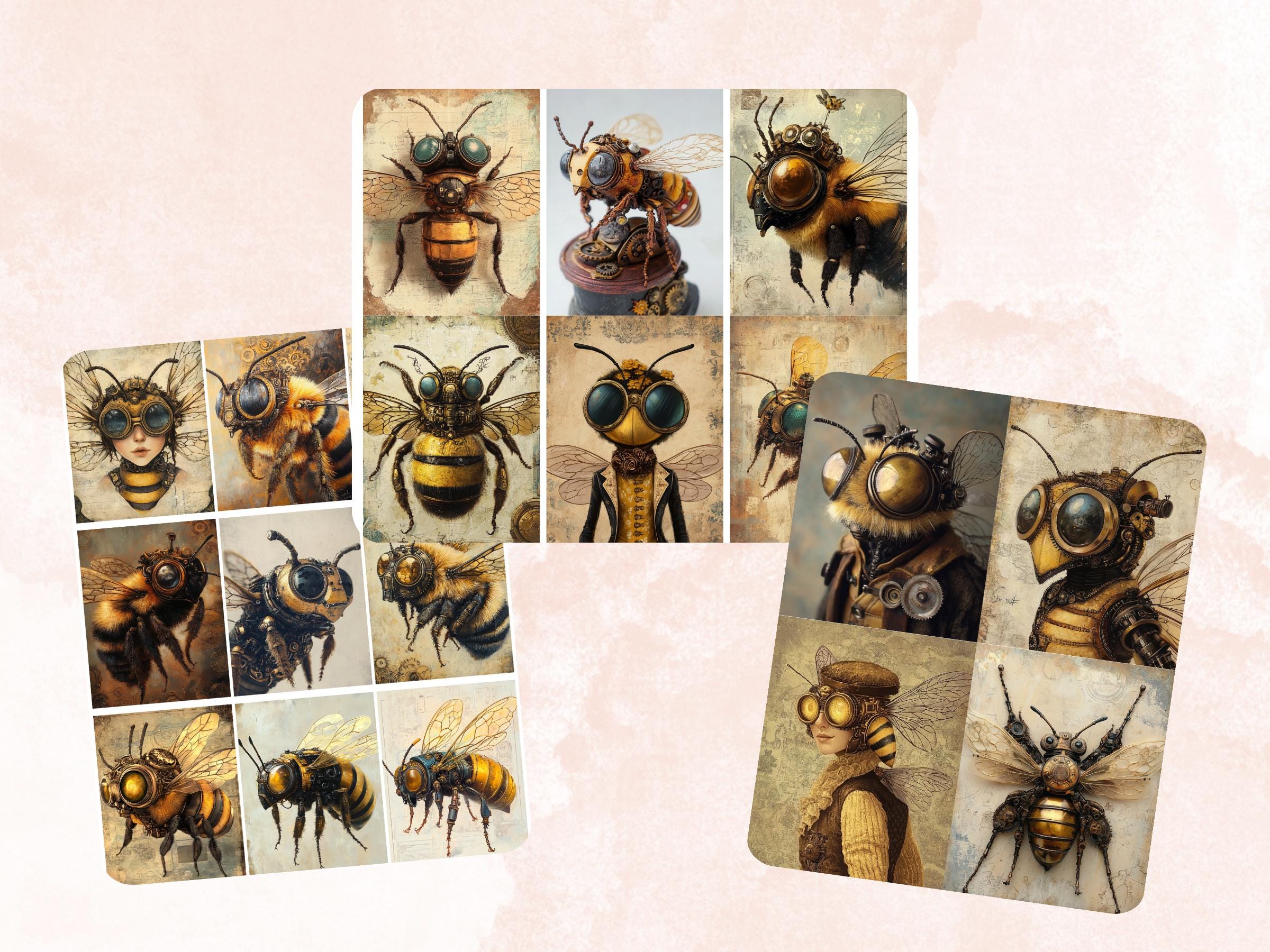 Steampunk Honey Bee Collage Paper, Surreal Steampunk Mixed Media Sheet, Whimsy Bee Ephemera Images, Quirky Journal, Spring Scrapbook Paper