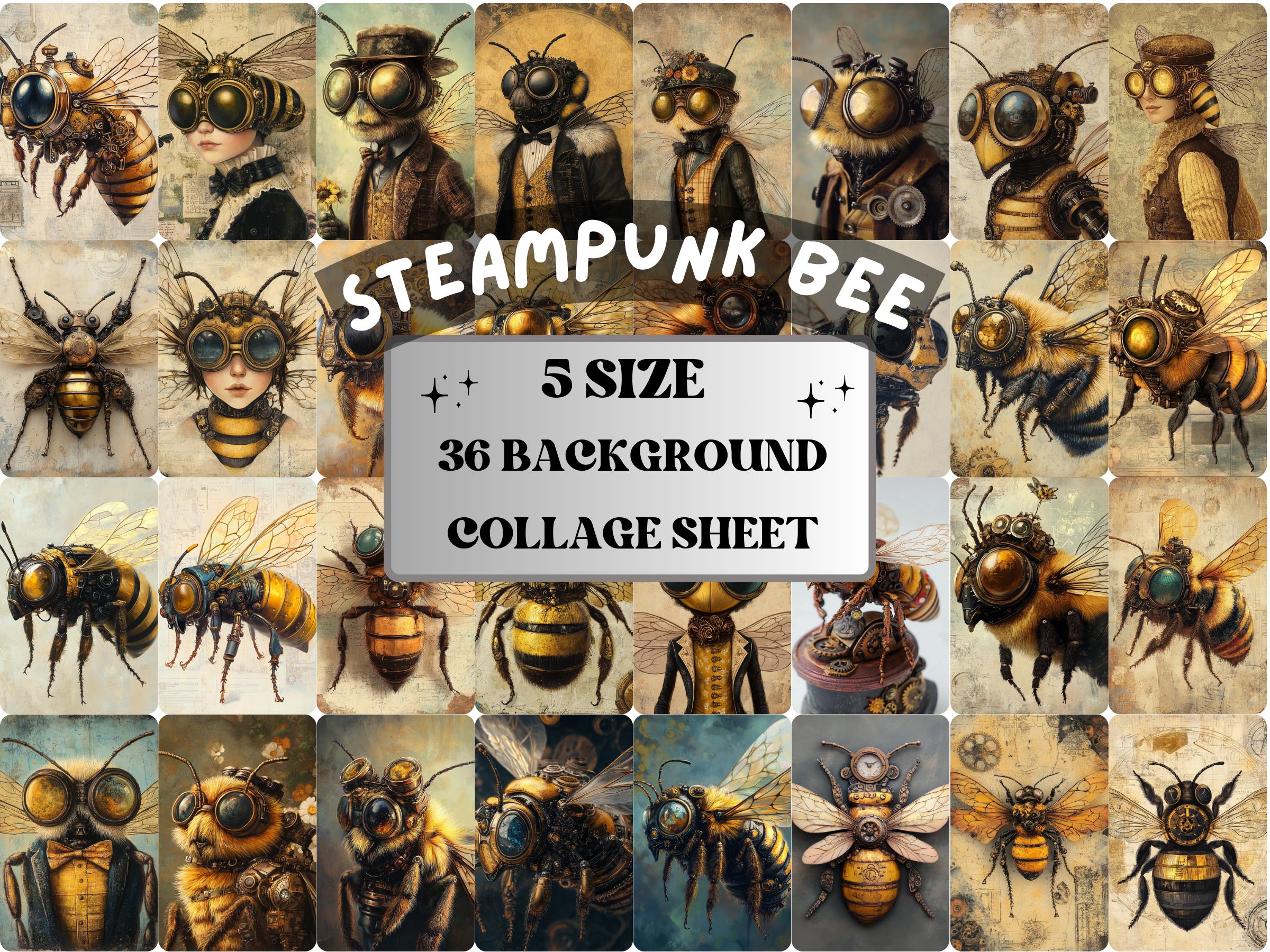 Steampunk Honey Bee Collage Paper, Surreal Steampunk Mixed Media Sheet, Whimsy Bee Ephemera Images, Quirky Journal, Spring Scrapbook Paper