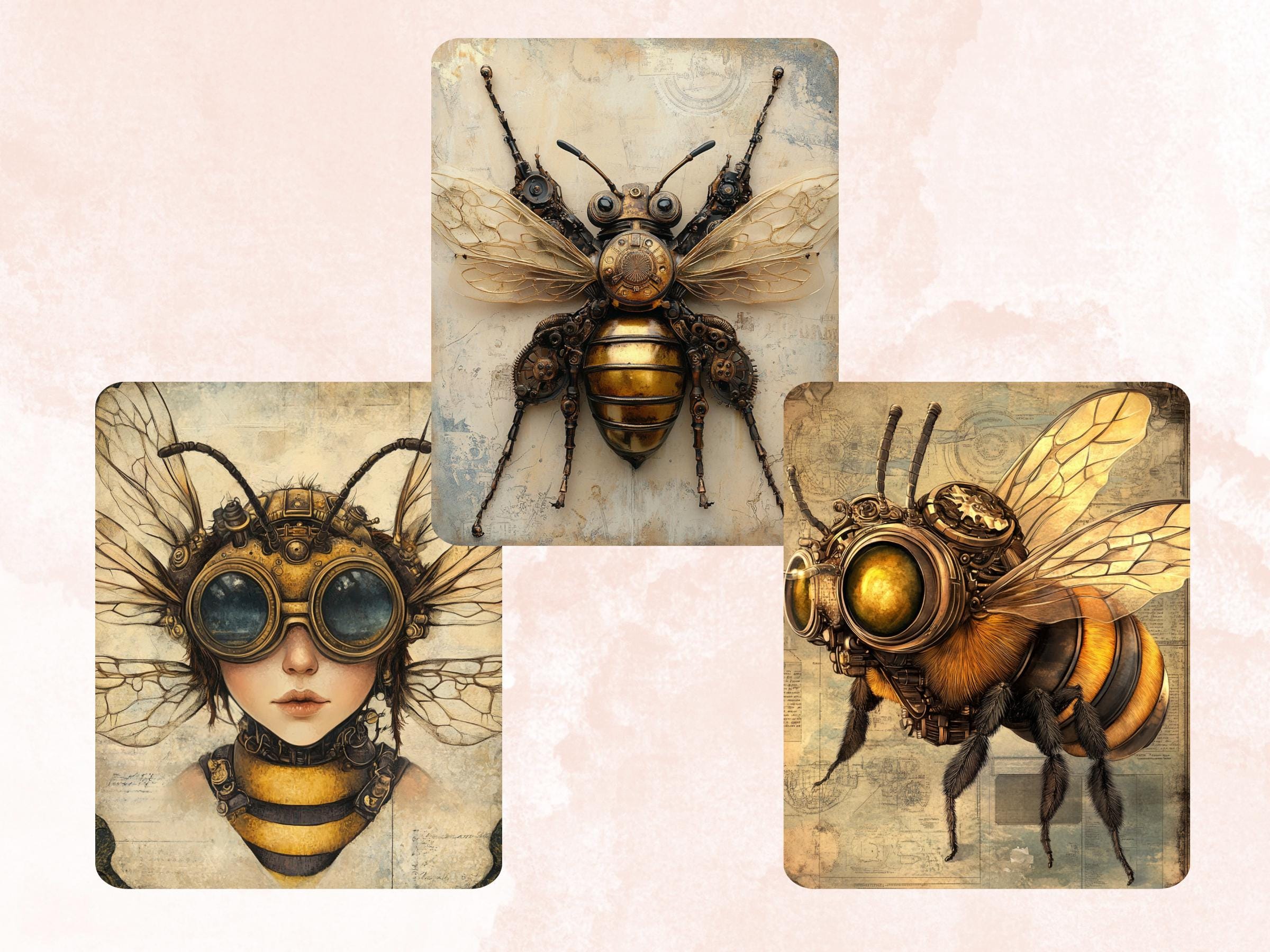Steampunk Honey Bee Collage Paper, Surreal Steampunk Mixed Media Sheet, Whimsy Bee Ephemera Images, Quirky Journal, Spring Scrapbook Paper