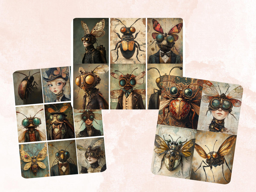 Steampunk Bug Collage Paper, Surreal Steampunk Insect Mixed Media Art, Whimsy Bugs Ephemera Images, Quirky Journal, Specimen Scrapbook Paper