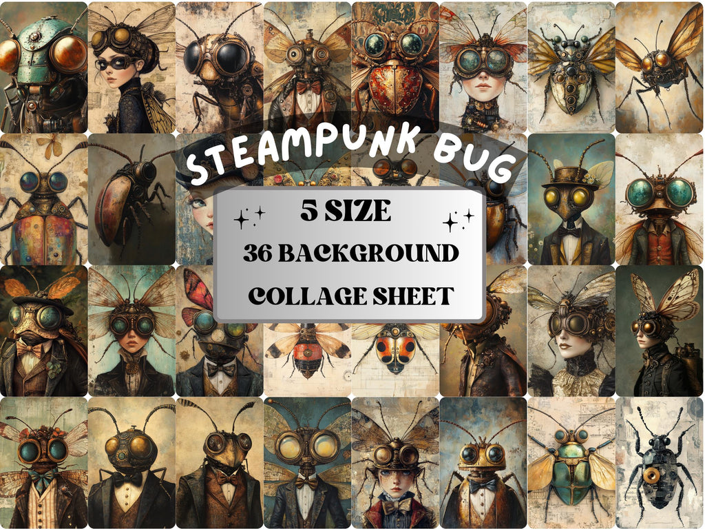 Steampunk Bug Collage Paper, Surreal Steampunk Insect Mixed Media Art, Whimsy Bugs Ephemera Images, Quirky Journal, Specimen Scrapbook Paper