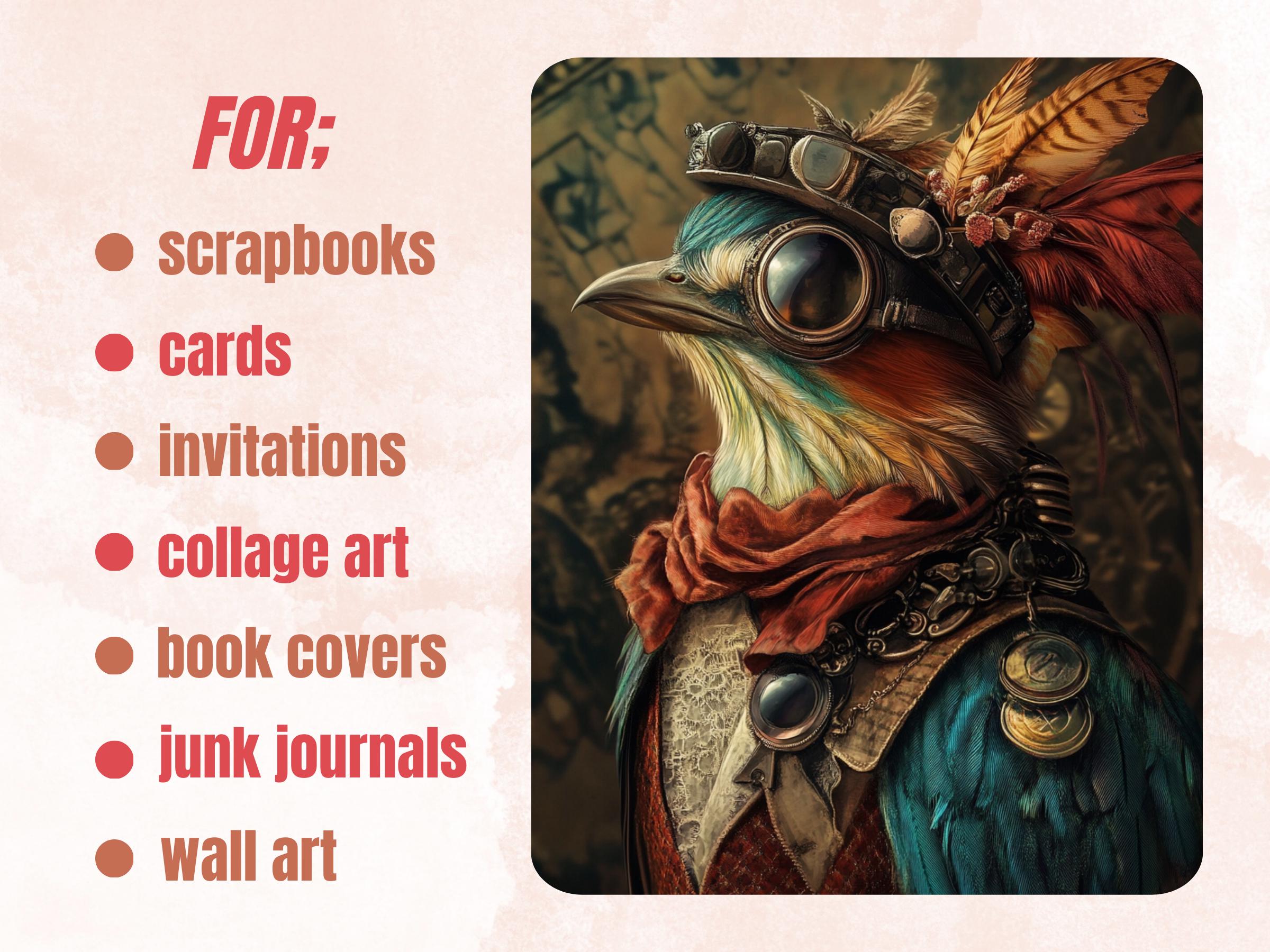 Steampunk Bird Collage Paper, Surreal Steampunk Crow Mixed Media Art, Whimsy Birds Ephemera Images, Quirky Journal, Specimen Scrapbook Paper