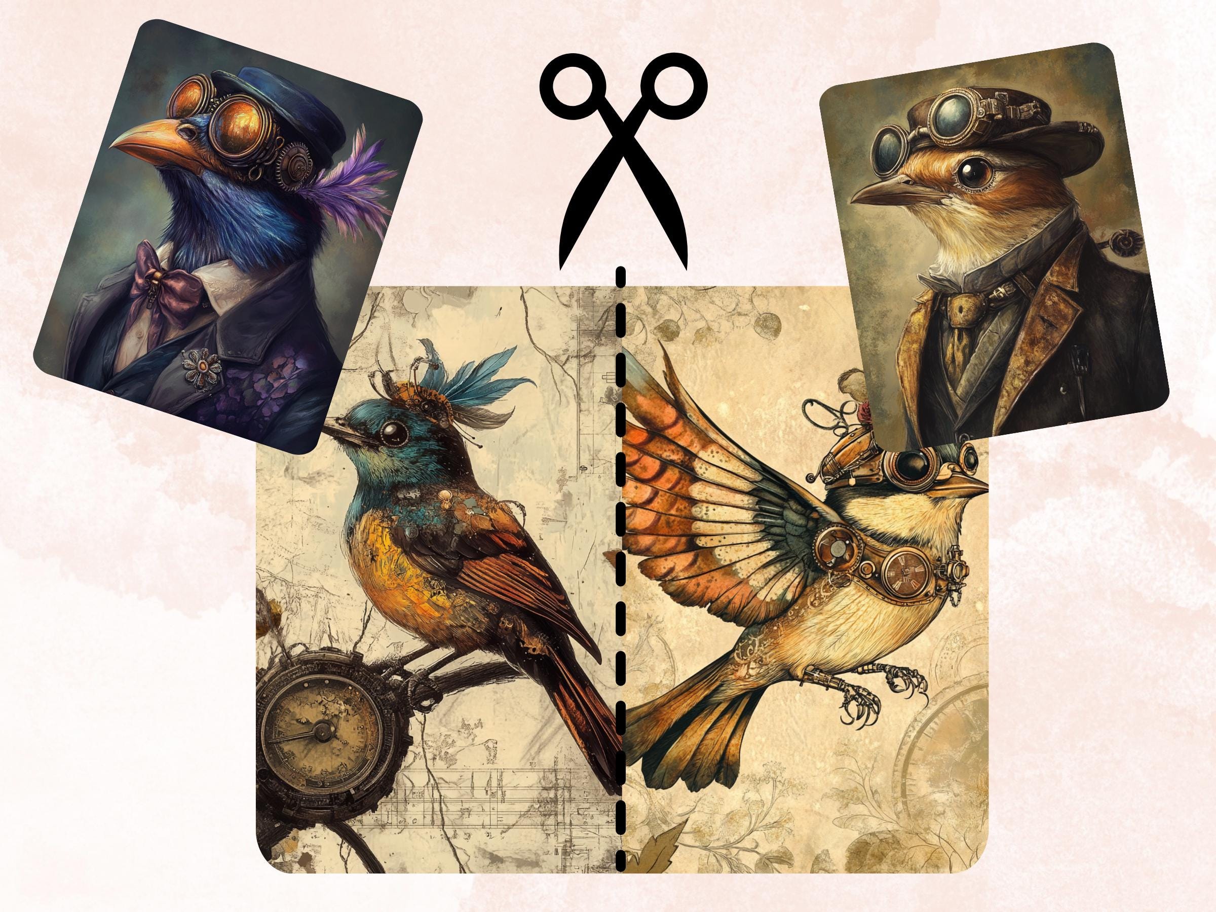 Steampunk Bird Collage Paper, Surreal Steampunk Crow Mixed Media Art, Whimsy Birds Ephemera Images, Quirky Journal, Specimen Scrapbook Paper