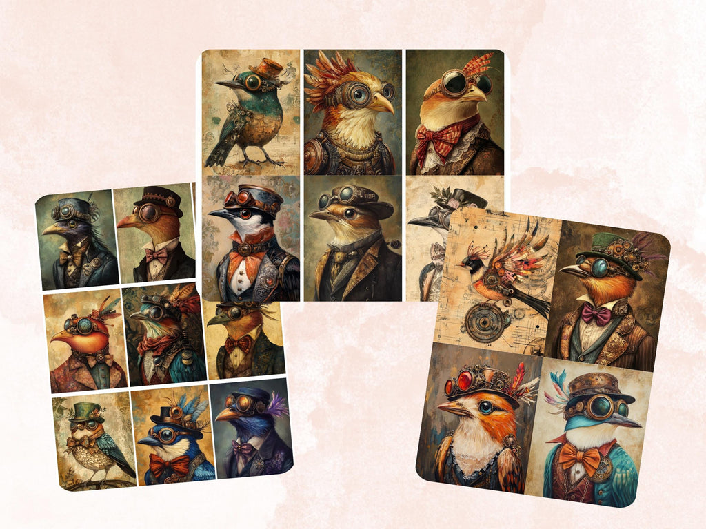Steampunk Bird Collage Paper, Surreal Steampunk Crow Mixed Media Art, Whimsy Birds Ephemera Images, Quirky Journal, Specimen Scrapbook Paper