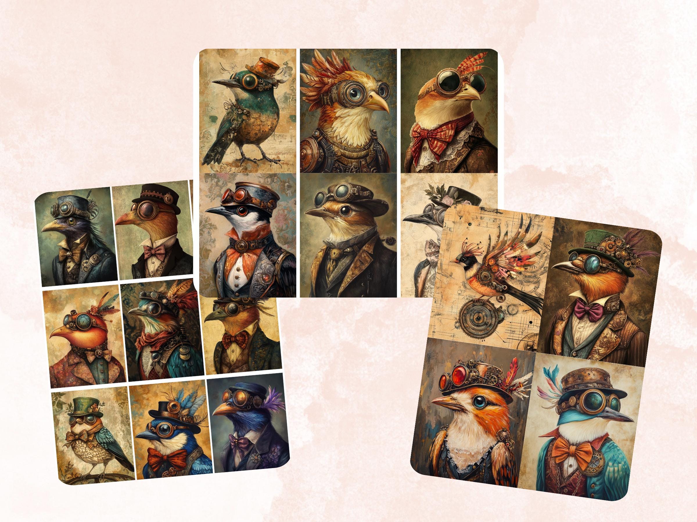 Steampunk Bird Collage Paper, Surreal Steampunk Crow Mixed Media Art, Whimsy Birds Ephemera Images, Quirky Journal, Specimen Scrapbook Paper