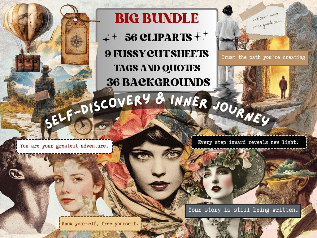 Self-Discovery & Inner Journey Collage Elements, Whimsical Ephemera Fussy Cut, Inspirational Tags and Quotes, Surreal Feelings Scrapbook