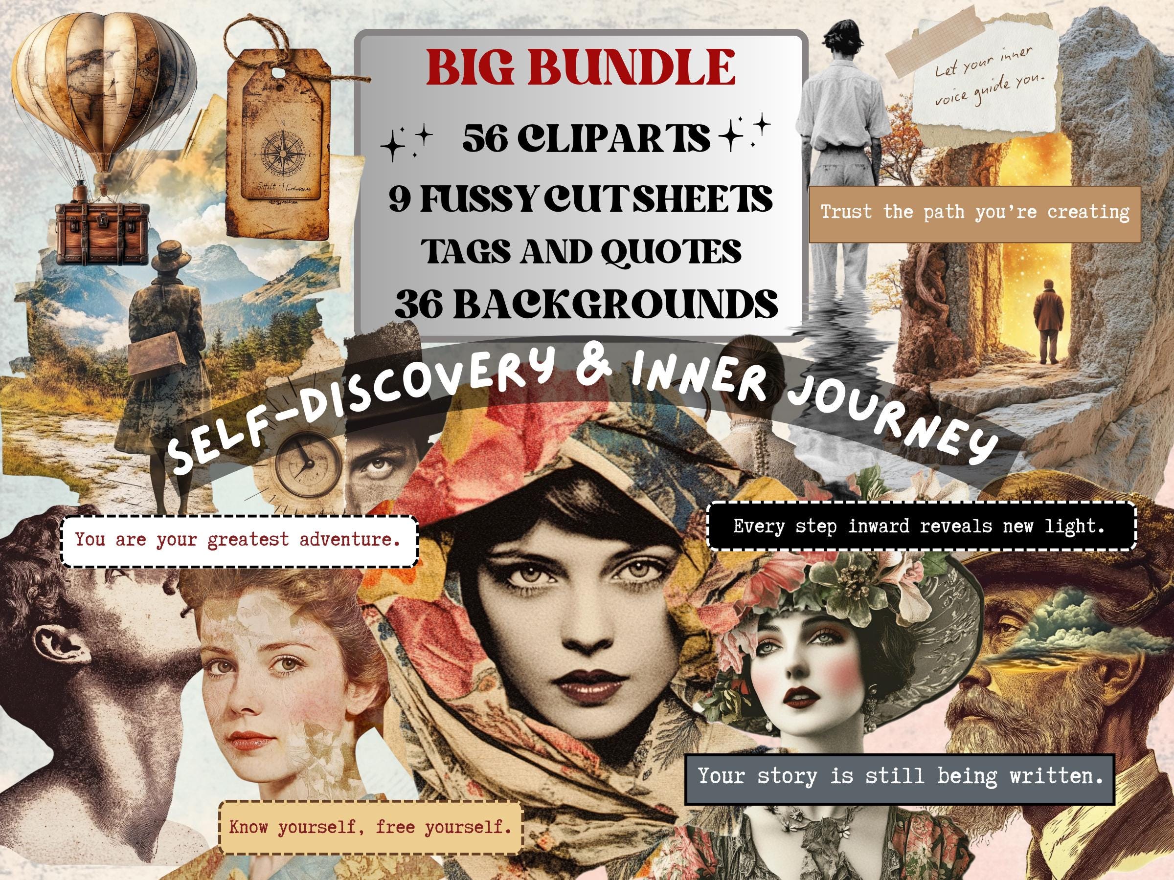Self-Discovery & Inner Journey Collage Elements, Whimsical Ephemera Fussy Cut, Inspirational Tags and Quotes, Surreal Feelings Scrapbook