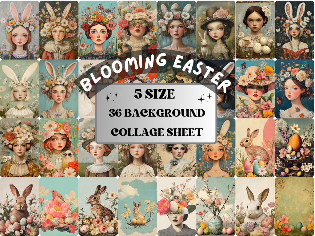 Whimsy Easter Blooming Collage Paper, Surreal Floral Mixed Media Sheet, Whimsical Ephemera Images, Quirky Journal, Easter Scrapbook Paper