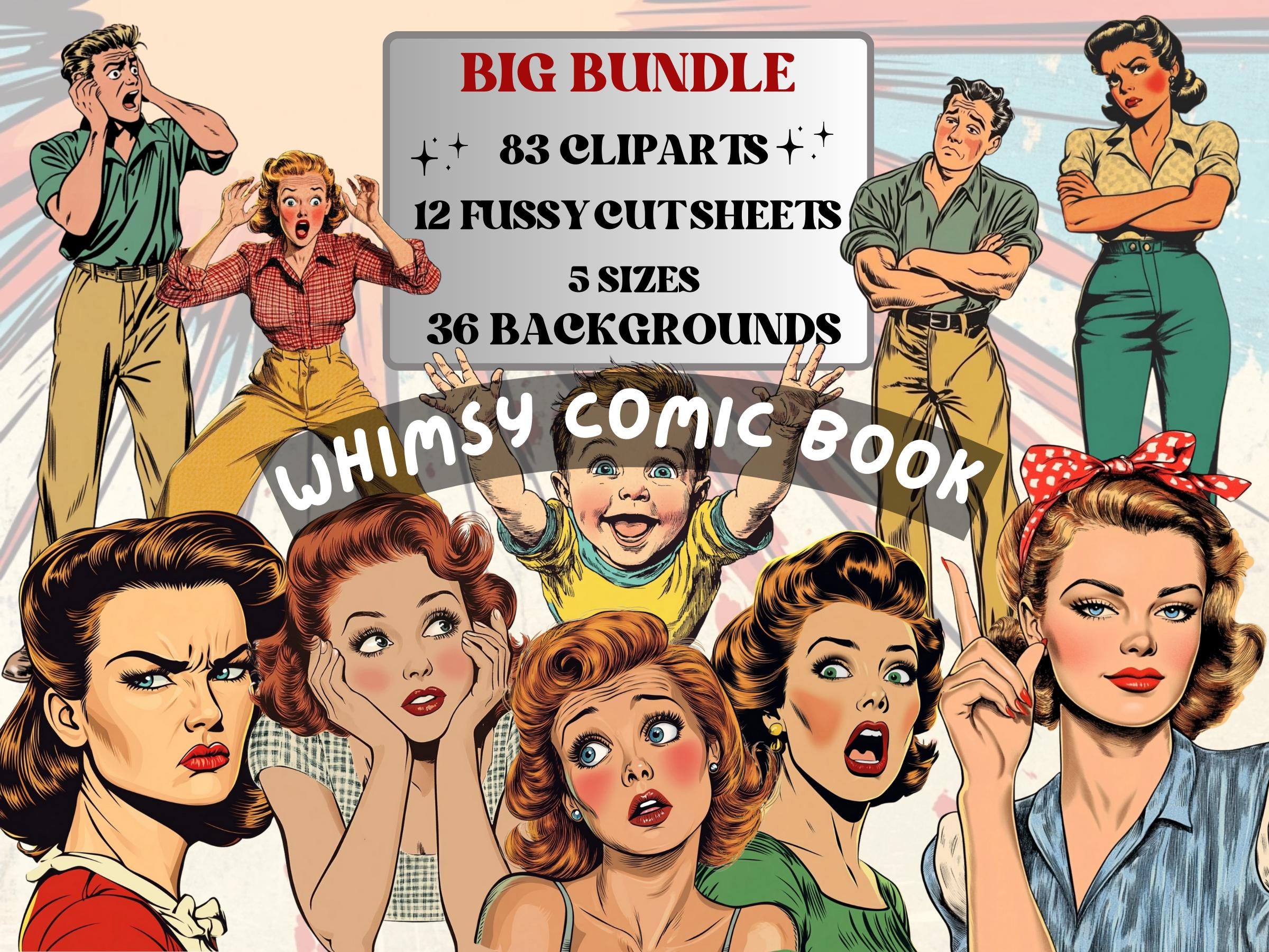 Whimsy Comic Book Collage Elements, Surreal Pop Art Fussy Cut, Comic Pop Art Woman Clipart, Whimsical Junk Journal, Retro Mixed Media Sheet