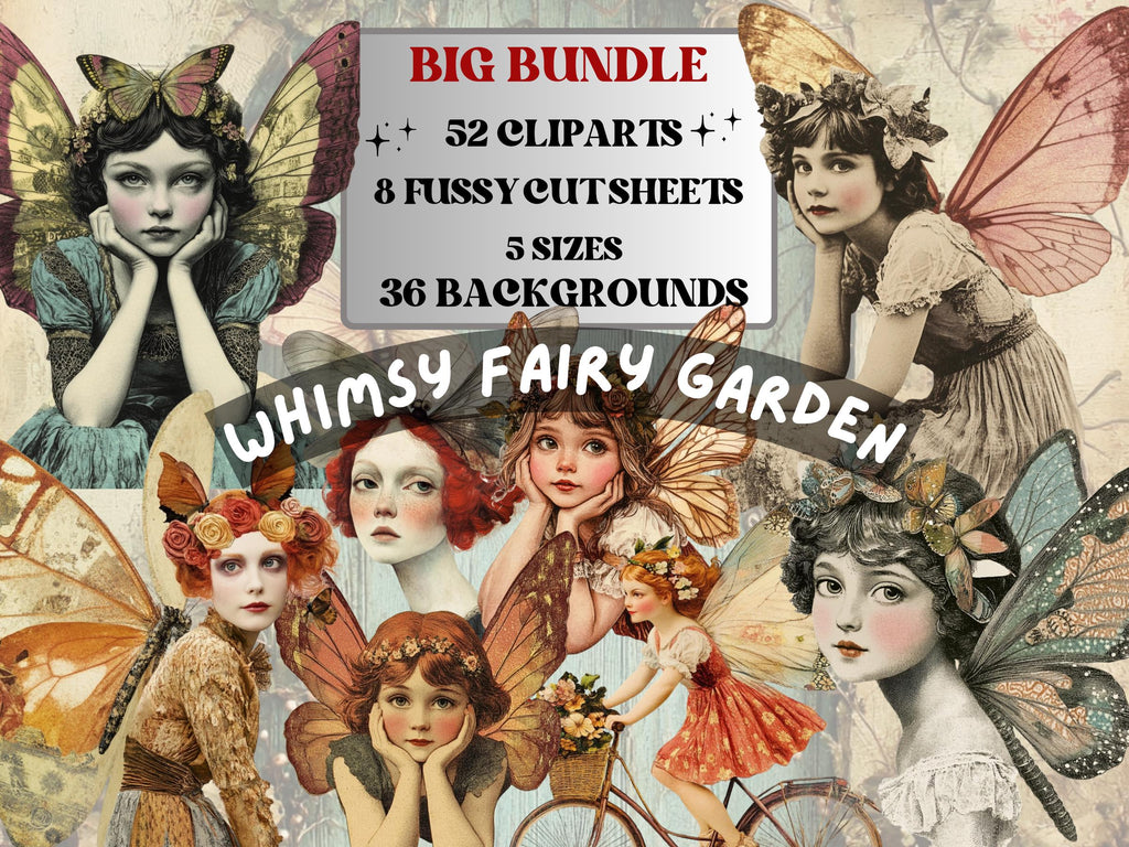 Whimsy Fairy Garden Collage Elements, Whimsical Fairy Fussy Cut, Quirky Secret Garden Clipart, Fairy Junk Journal, Wings Clipart Background