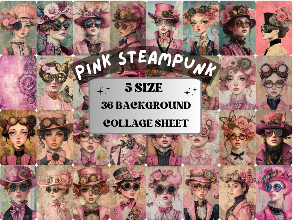 Whimsy Pink Steampunk Collage Paper, Surreal Steampunk Mixed Media Sheet, Whimsical Ephemera Images, Quirky Journal, Pink Scrapbook Paper