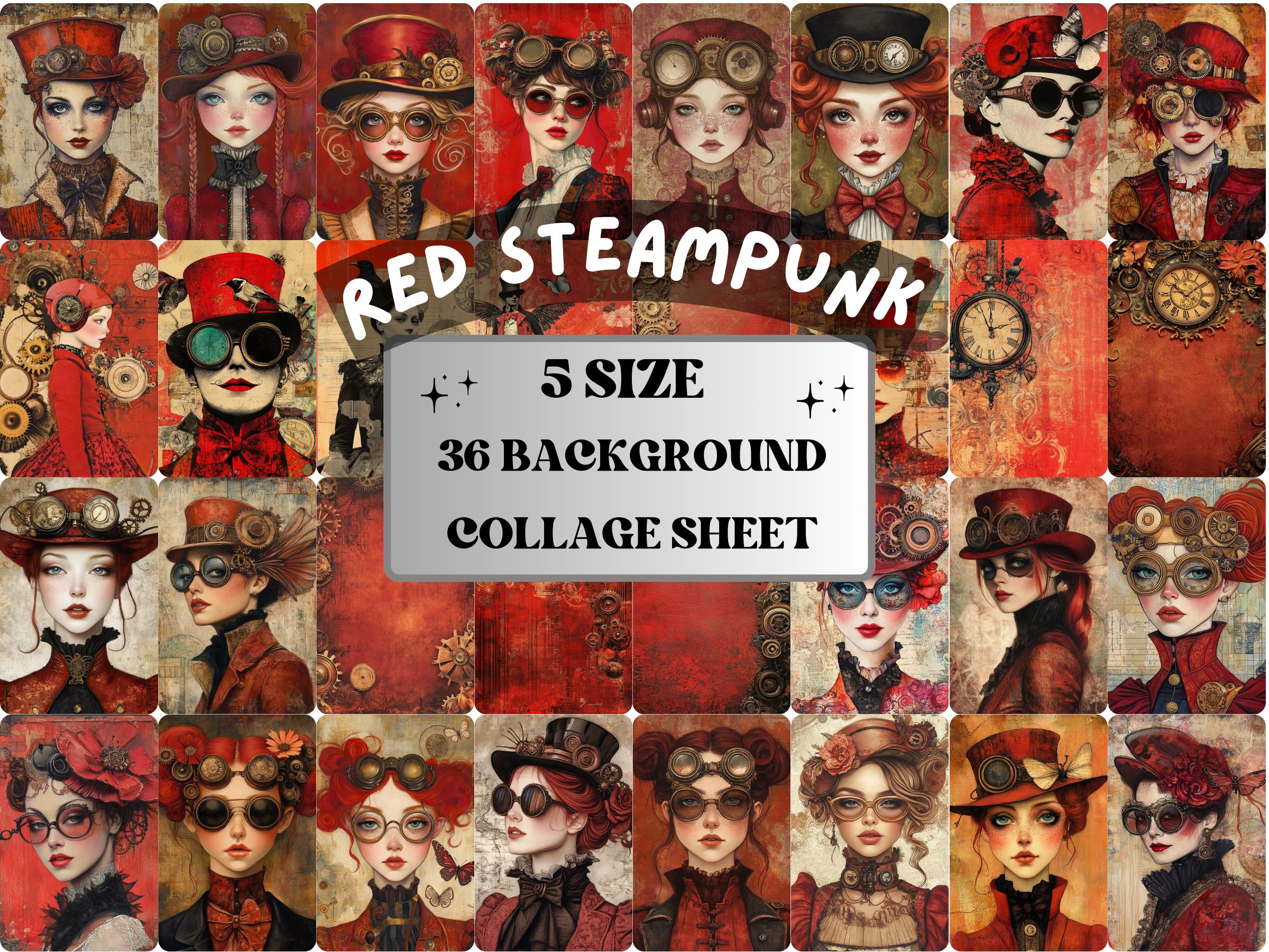 Whimsy Red Steampunk Collage Paper, Surreal Steampunk Mixed Media Sheet, Whimsical Ephemera Images, Quirky Journal, Burgundy Scrapbook Paper