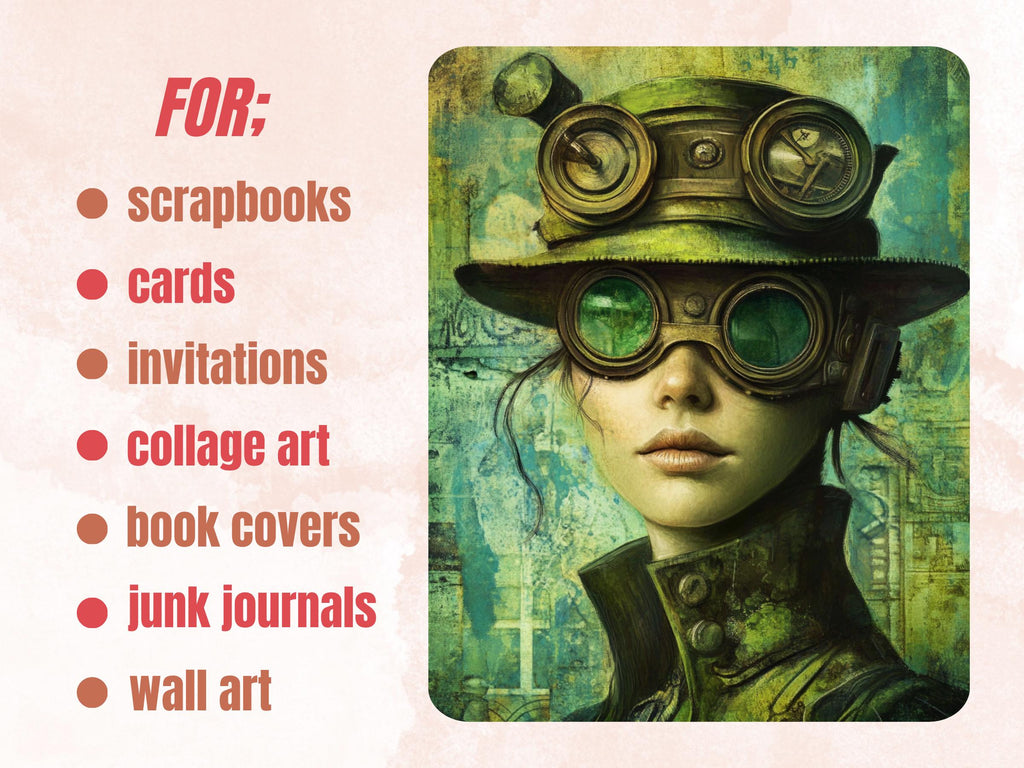 Whimsy Green Steampunk Collage Paper, Surreal Steampunk Mixed Media Sheet, Whimsical Ephemera Images, Quirky Journal, Green Scrapbook Paper