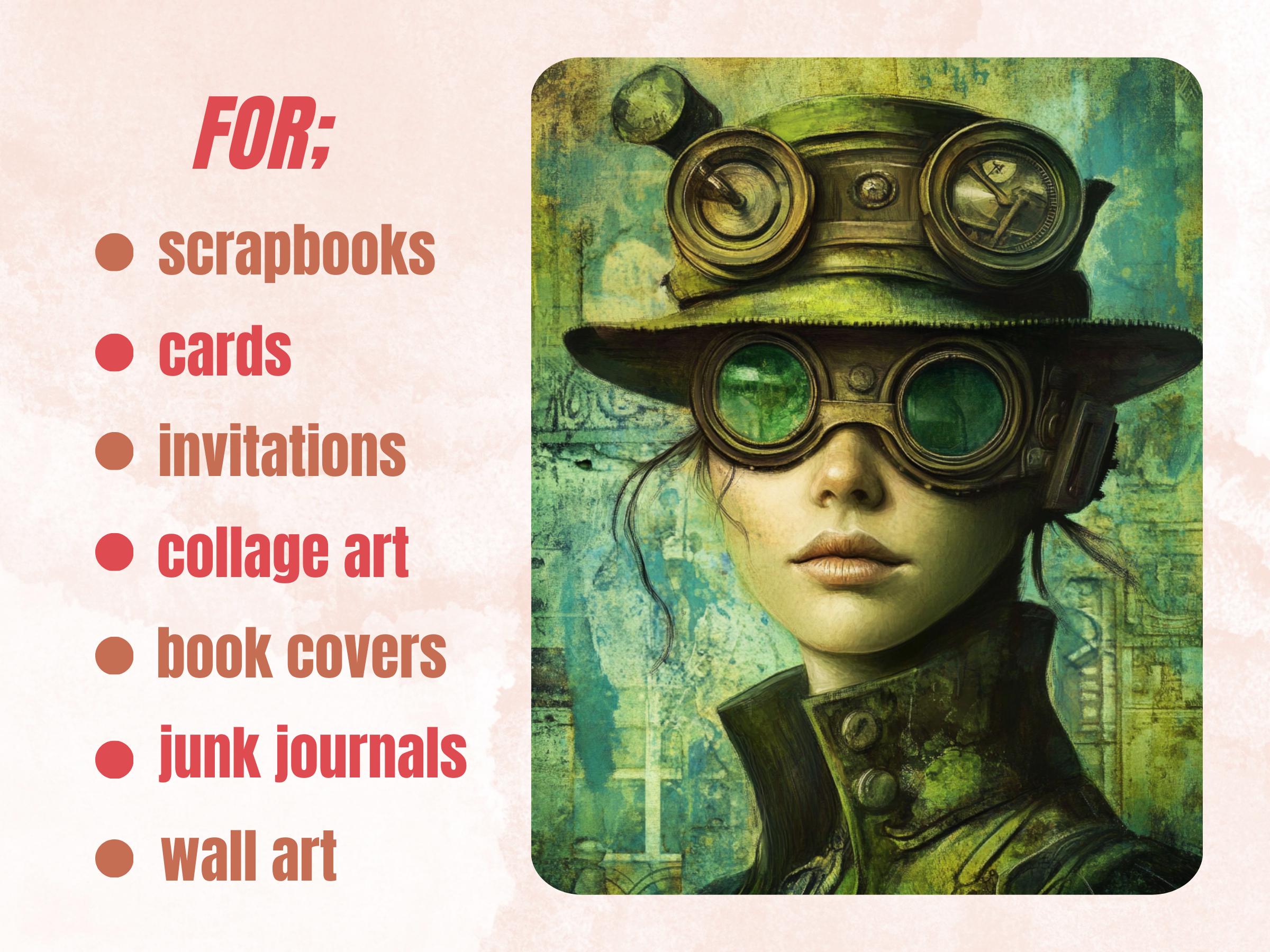 Whimsy Green Steampunk Collage Paper, Surreal Steampunk Mixed Media Sheet, Whimsical Ephemera Images, Quirky Journal, Green Scrapbook Paper