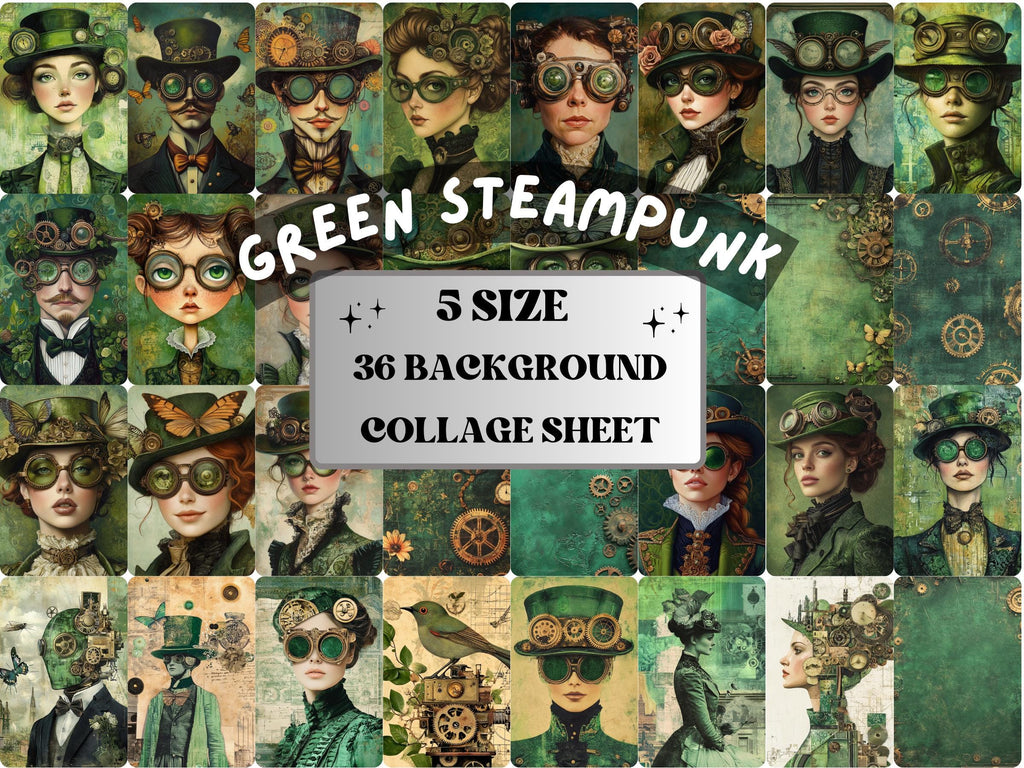 Whimsy Green Steampunk Collage Paper, Surreal Steampunk Mixed Media Sheet, Whimsical Ephemera Images, Quirky Journal, Green Scrapbook Paper