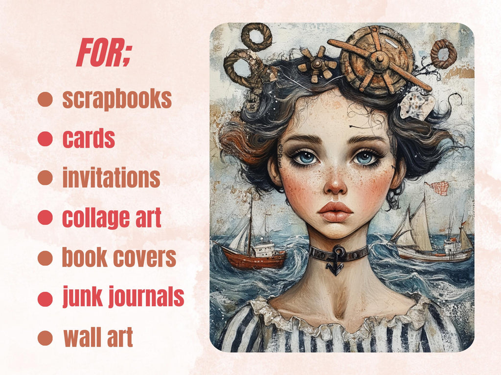 Nautical Muse Collage Paper, Whimsy Surreal Nautical Mixed Media Art Sheet, Whimsical Ephemera Images, Quirky Junk Journal, Scrapbook Paper