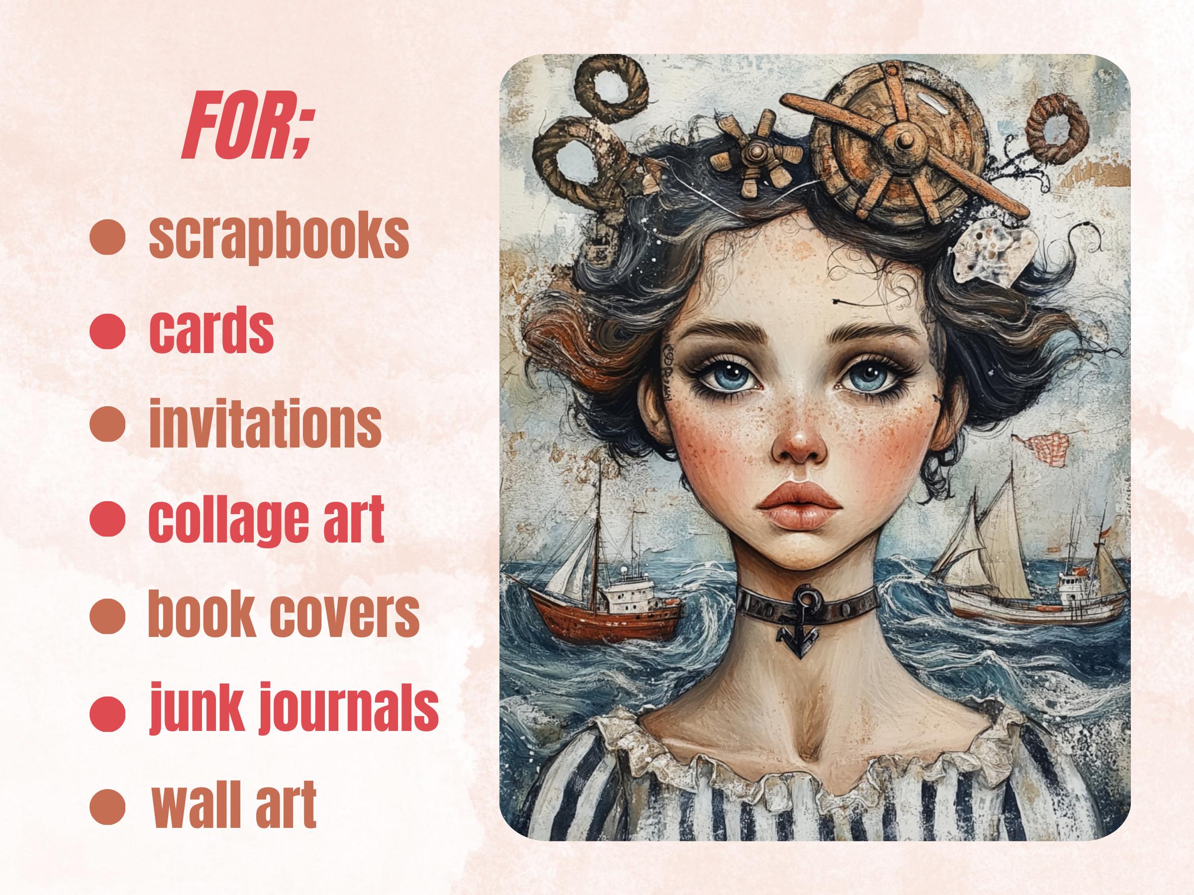Nautical Muse Collage Paper, Whimsy Surreal Nautical Mixed Media Art Sheet, Whimsical Ephemera Images, Quirky Junk Journal, Scrapbook Paper