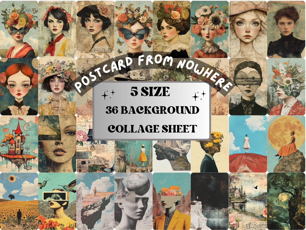 Whimsy Postcard From Nowhere Collage Paper, Surreal Grunge Art Mixed Media Sheet, Whimsical Ephemera Images, Quirky Journal, Scrapbook Paper
