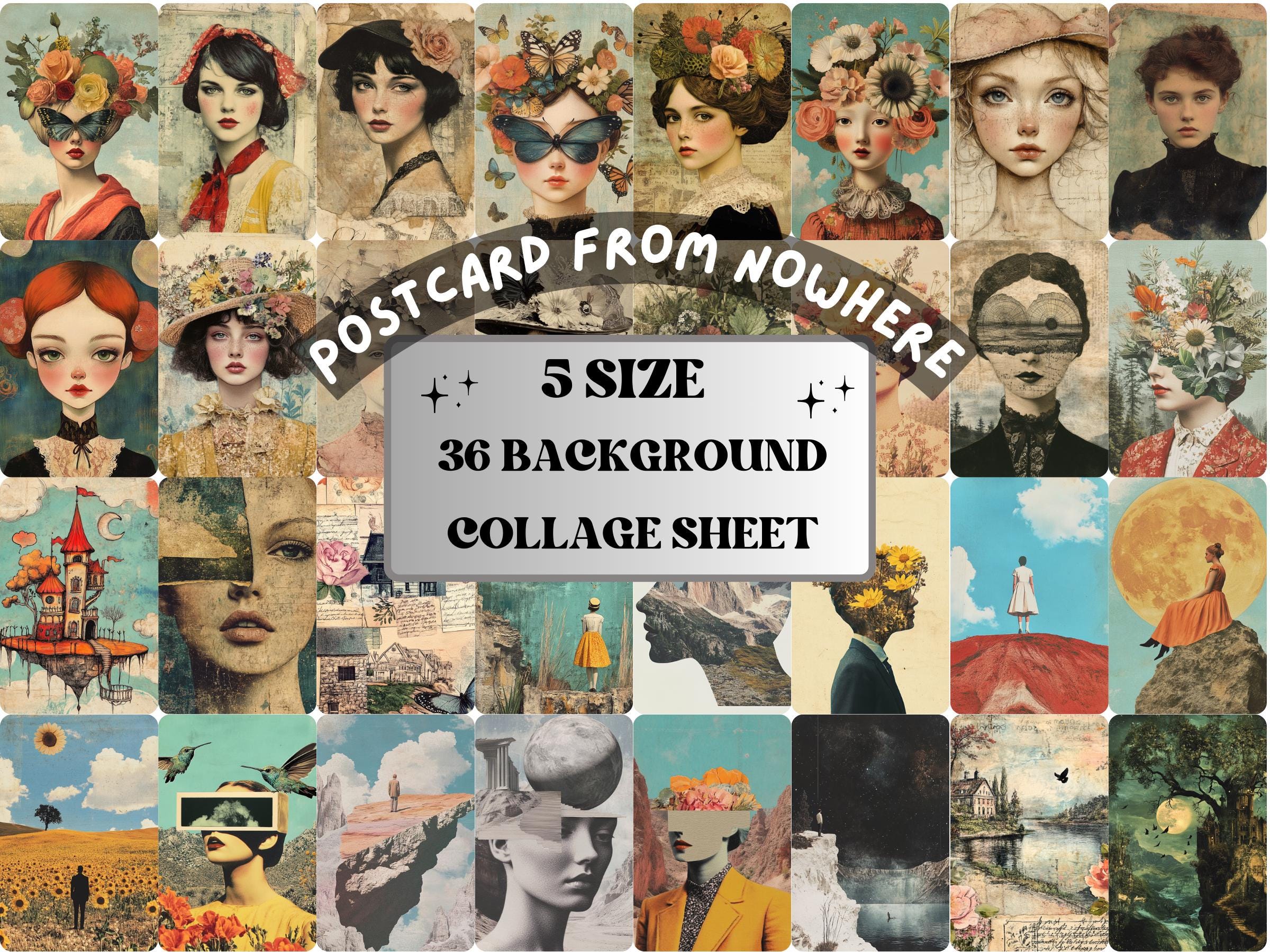 Whimsy Postcard From Nowhere Collage Paper, Surreal Grunge Art Mixed Media Sheet, Whimsical Ephemera Images, Quirky Journal, Scrapbook Paper