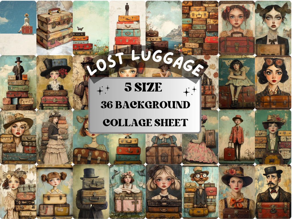 Whimsy Lost Luggage Collage Paper Kit, Surreal Suitcase Mixed Media Sheet, Whimsical Travel Ephemera Images, Quirky Journal, Scrapbook Paper