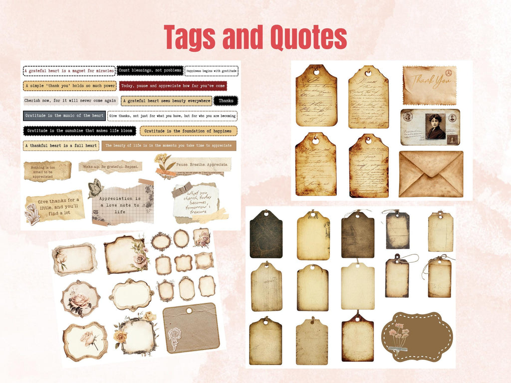 Gratitude & Appreciation Collage Pack, Whimsical Ephemera Fussy Cut, Inspirational Tags and Quotes, Feelings Scrapbook, Surreal Background