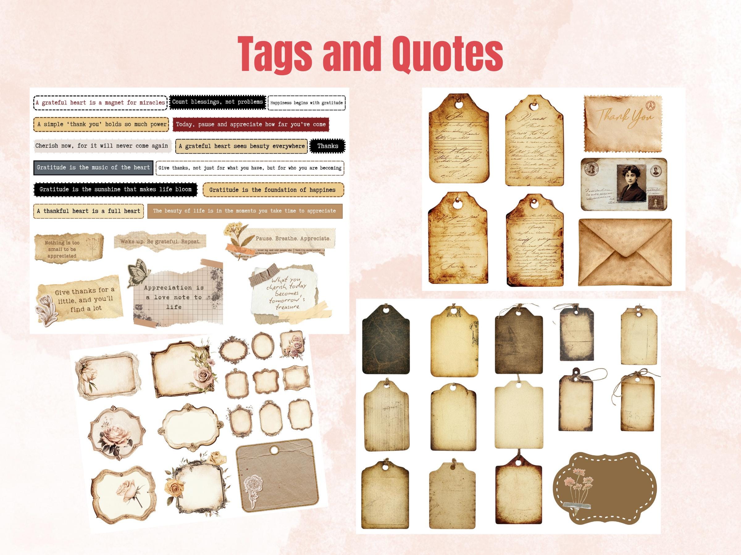 Gratitude & Appreciation Collage Pack, Whimsical Ephemera Fussy Cut, Inspirational Tags and Quotes, Feelings Scrapbook, Surreal Background