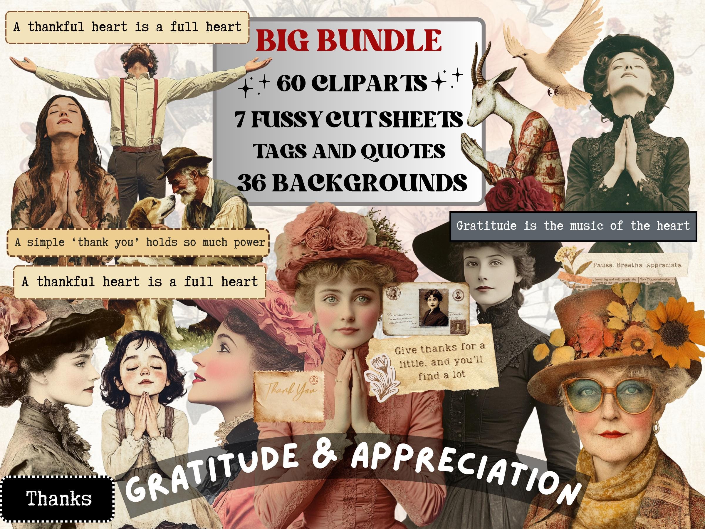 Gratitude & Appreciation Collage Pack, Whimsical Ephemera Fussy Cut, Inspirational Tags and Quotes, Feelings Scrapbook, Surreal Background