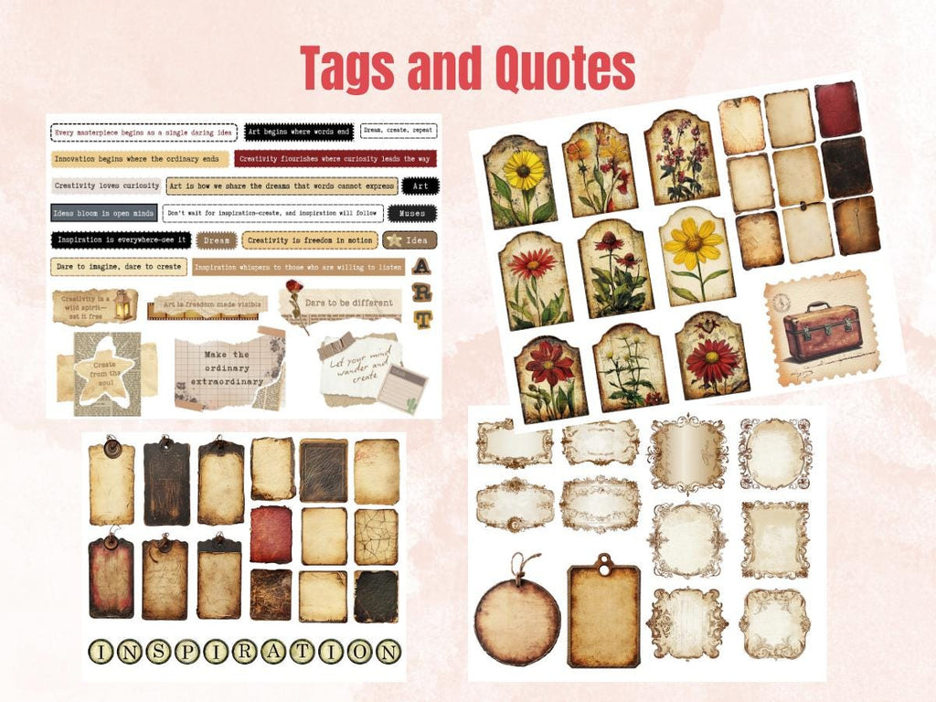 Inspiration & Creativity Collage Pack, Whimsical Ephemera Fussy Cut, Inspirational Tags and Quotes, Feelings Scrapbook, Surreal Background
