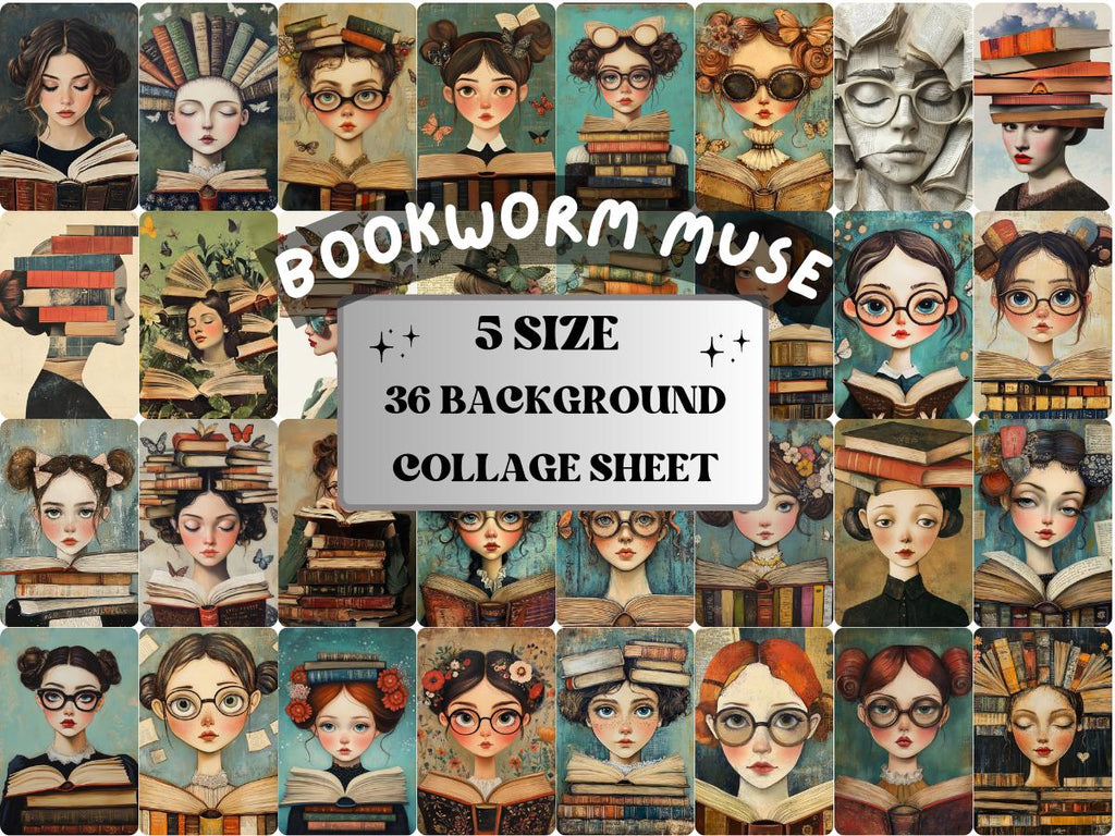 Bookworm Muse Collage Paper, Whimsy Surreal Mixed Media Art Sheet, Whimsical Reading Ephemera Images, Book Lover Journal, Scrapbook Paper