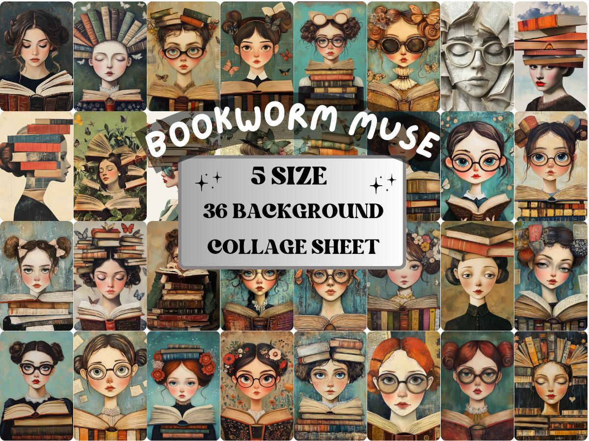 Bookworm Muse Collage Paper, Whimsy Surreal Mixed Media Art Sheet, Whimsical Reading Ephemera Images, Book Lover Journal, Scrapbook Paper