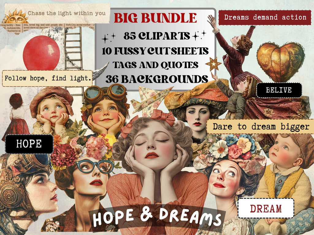 Hope & Dreams Collage Elements, Whimsical Ephemera Fussy Cut, Inspirational Tags and Quotes, Dreamer Feelings Scrapbook, Surreal Background