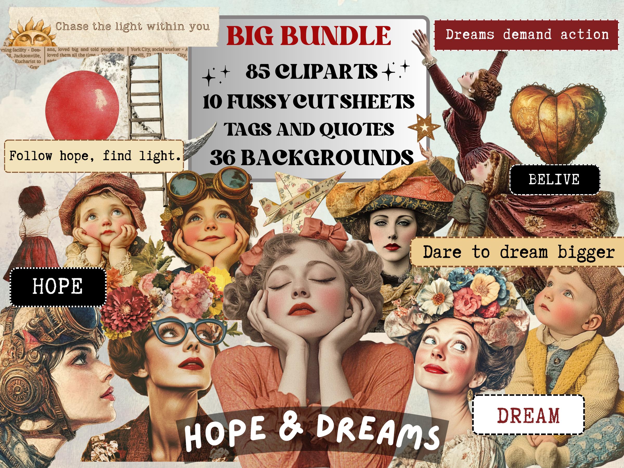 Hope & Dreams Collage Elements, Whimsical Ephemera Fussy Cut, Inspirational Tags and Quotes, Dreamer Feelings Scrapbook, Surreal Background